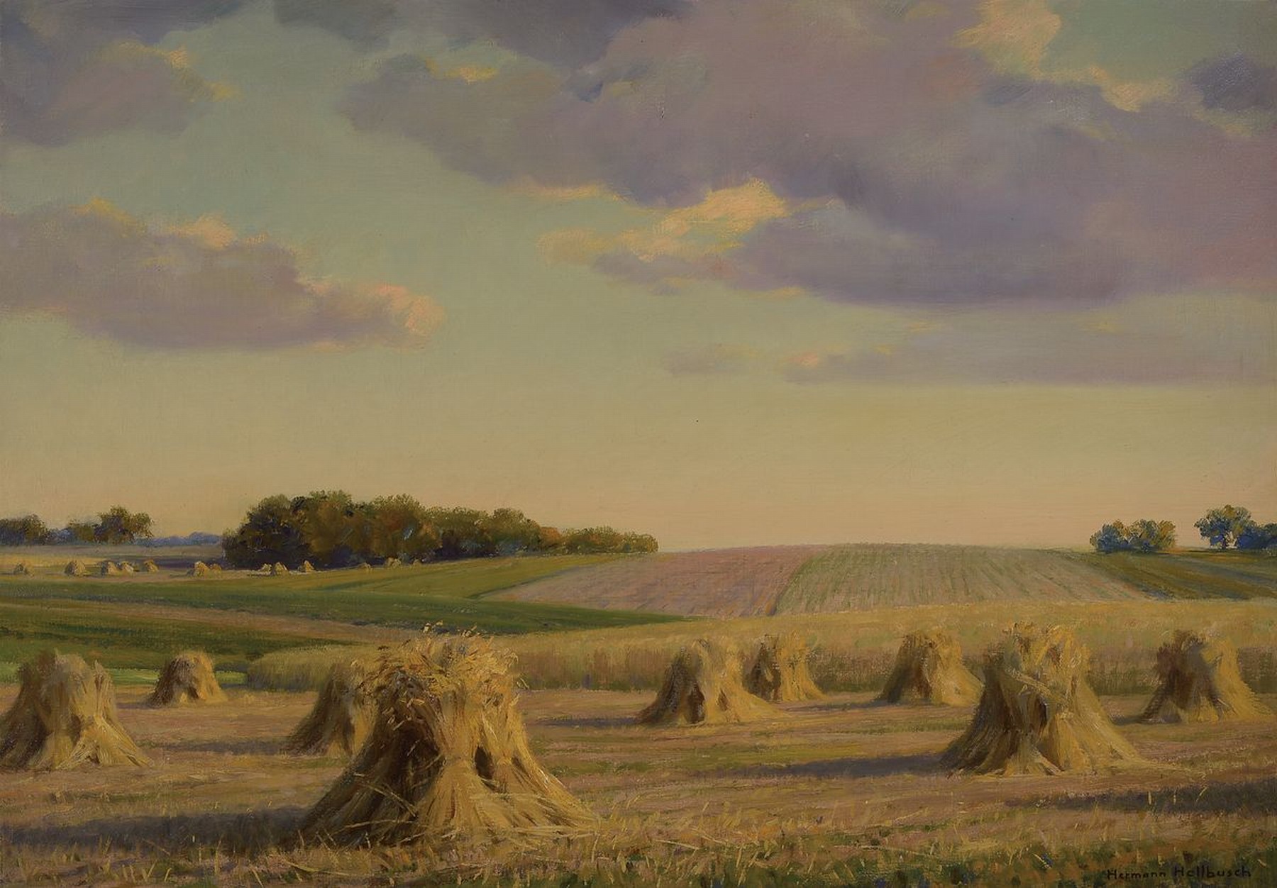 Hermann Hellbusch, 1879 Großenkneten-1968 Bad Homburg, Sommerlandschaft mit weitem Himmel und Getreidefeld mit Garben, Öl/Lwd, rechts unten ...