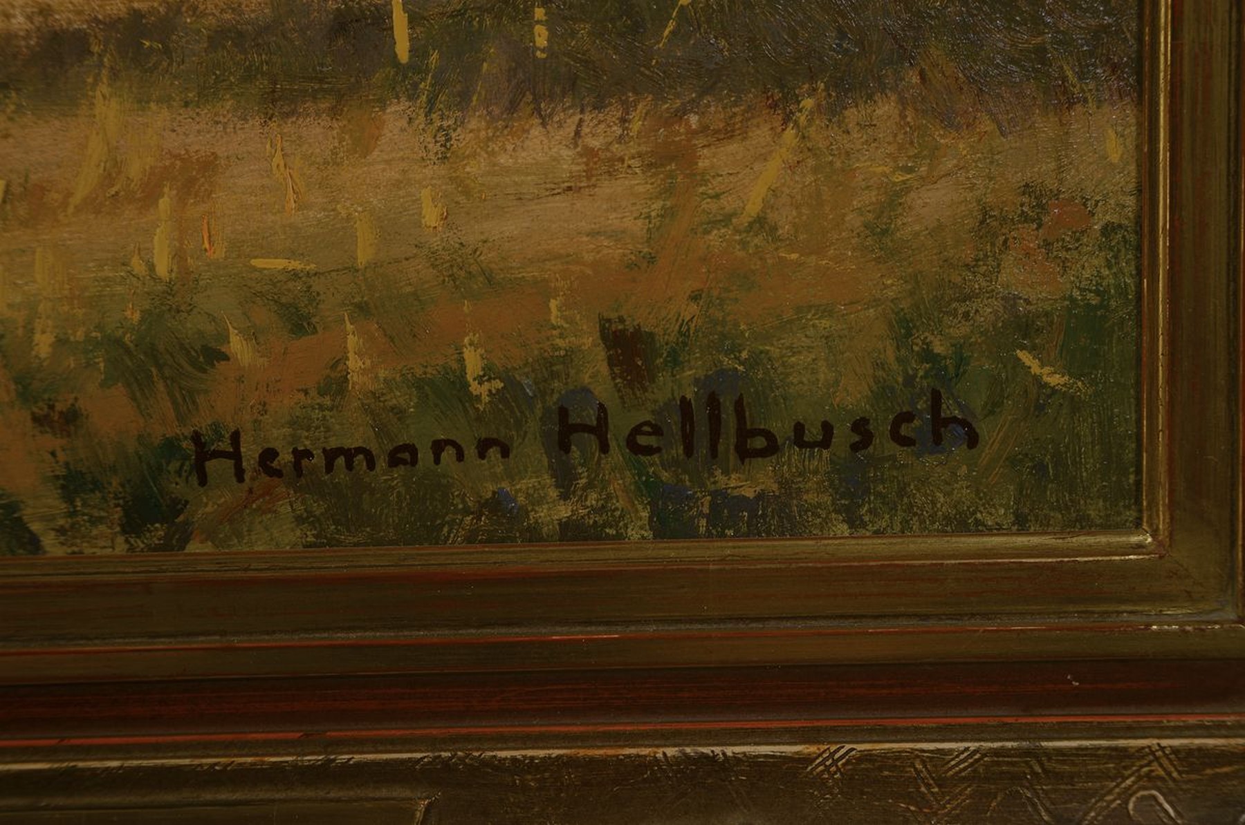 Detail a: Hermann Hellbusch, 1879 Großenkneten-1968 Bad Homburg, Sommerlandschaft mit weitem Himmel und Getreidefeld mit Garben, Öl/Lwd, rechts unten ...