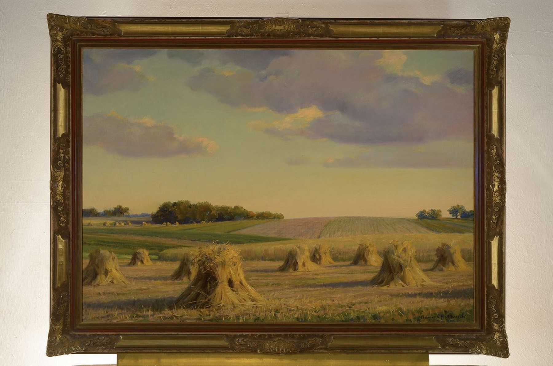 Detail k: Hermann Hellbusch, 1879 Großenkneten-1968 Bad Homburg, Sommerlandschaft mit weitem Himmel und Getreidefeld mit Garben, Öl/Lwd, rechts unten ...