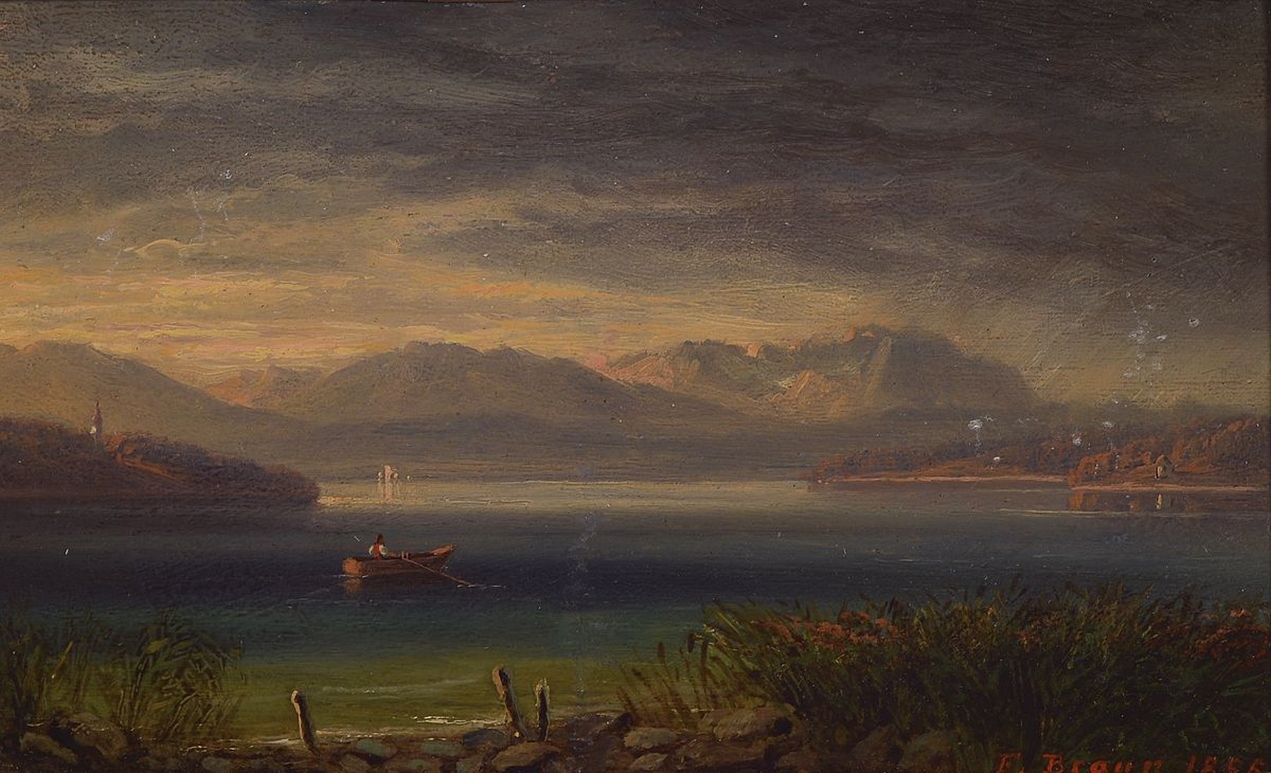 F. Braun, um 1860 - 1940, Seelandschaft mit Blick auf die Mühlbergkirche bei Neustadt an der Waldnaab, ca. 12 x 20 cm, Öl/Platte, signiert, ca. ...