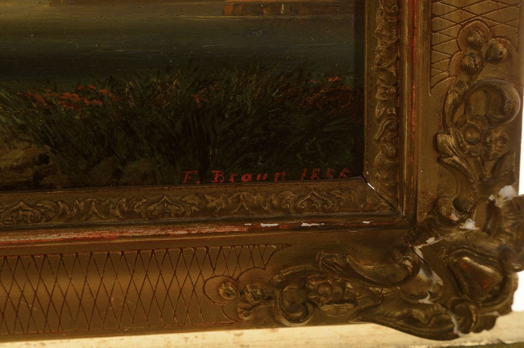 Detail a: F. Braun, um 1860 - 1940, Seelandschaft mit Blick auf die Mühlbergkirche bei Neustadt an der Waldnaab, ca. 12 x 20 cm, Öl/Platte, signiert, ca. ...