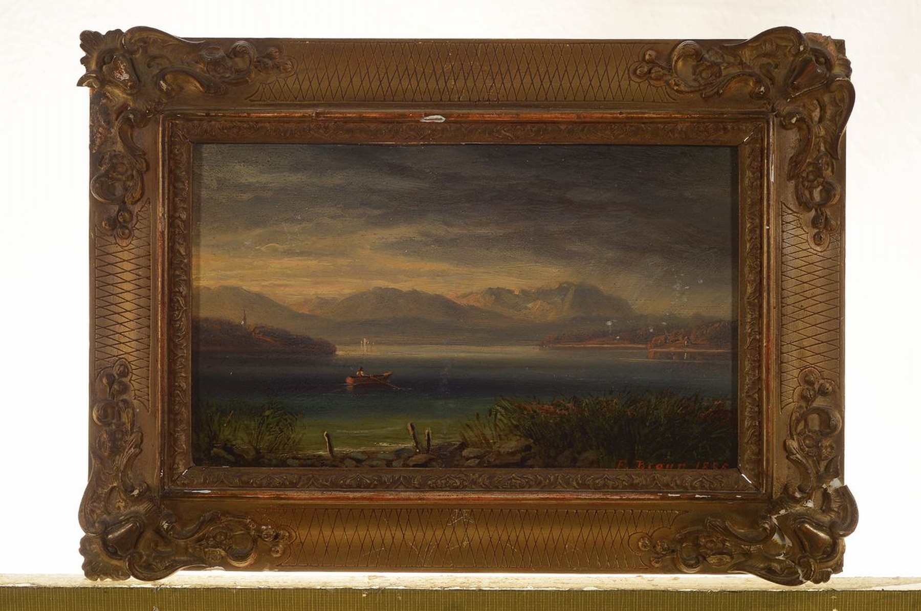 Detail k: F. Braun, um 1860 - 1940, Seelandschaft mit Blick auf die Mühlbergkirche bei Neustadt an der Waldnaab, ca. 12 x 20 cm, Öl/Platte, signiert, ca. ...