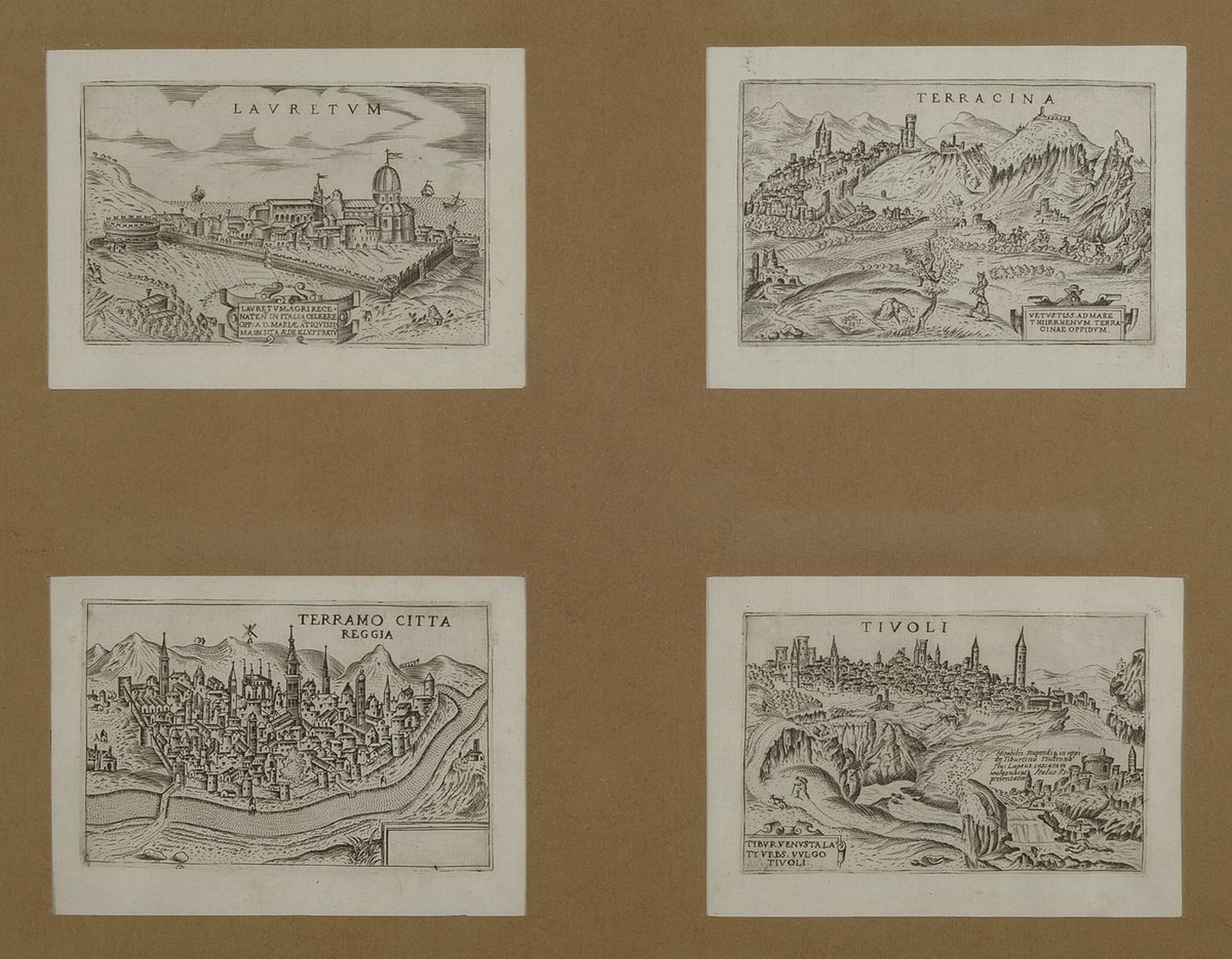 8 kleine Kupferstiche aus dem 18. Jh., italiensiche Ansichten: Tivoli, Terramo Citta, Terracina, Lauretum, Palma, Piacenza, Viterbo und sulmo, je ca. ...
