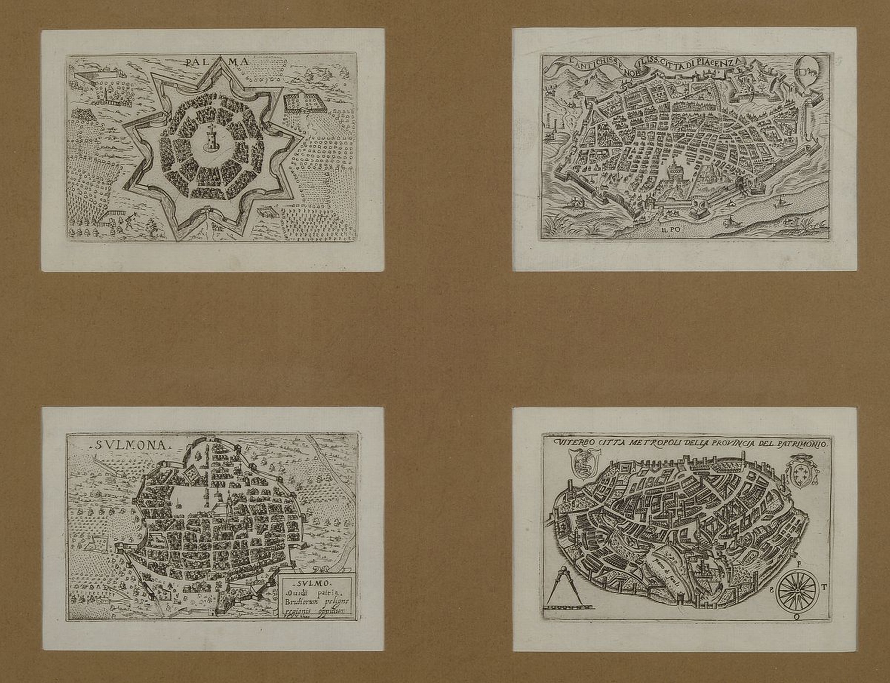 Detail a: 8 kleine Kupferstiche aus dem 18. Jh., italiensiche Ansichten: Tivoli, Terramo Citta, Terracina, Lauretum, Palma, Piacenza, Viterbo und sulmo, je ca. ...