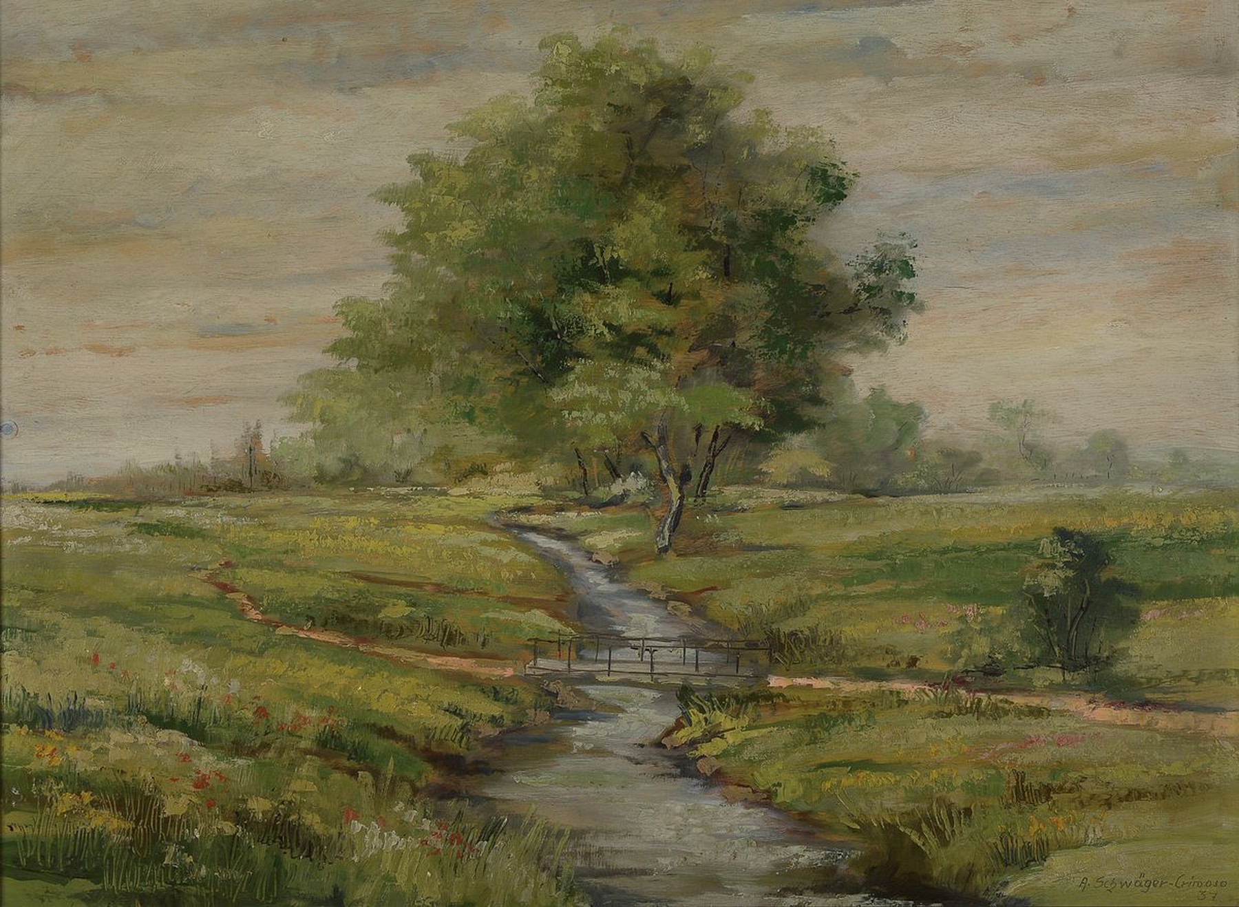 Alfred Schwäger-Crimoso, 1902 Ludwigshafen-1960 Ziegelhausen, Im Wiesenthal, rückseitig so betitelt, Öl/Sperrholz, rechts unten signiert und dat. ...