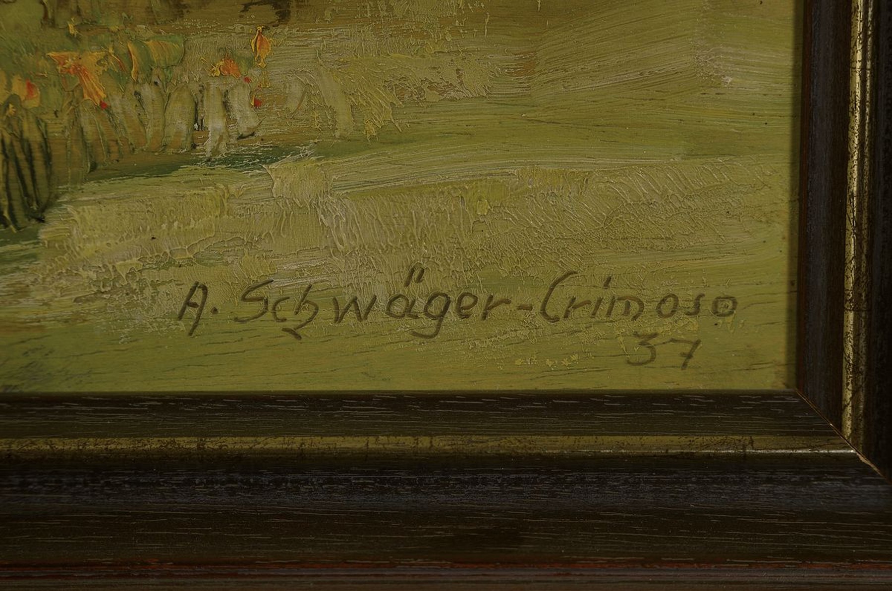 Detail a: Alfred Schwäger-Crimoso, 1902 Ludwigshafen-1960 Ziegelhausen, Im Wiesenthal, rückseitig so betitelt, Öl/Sperrholz, rechts unten signiert und dat. ...