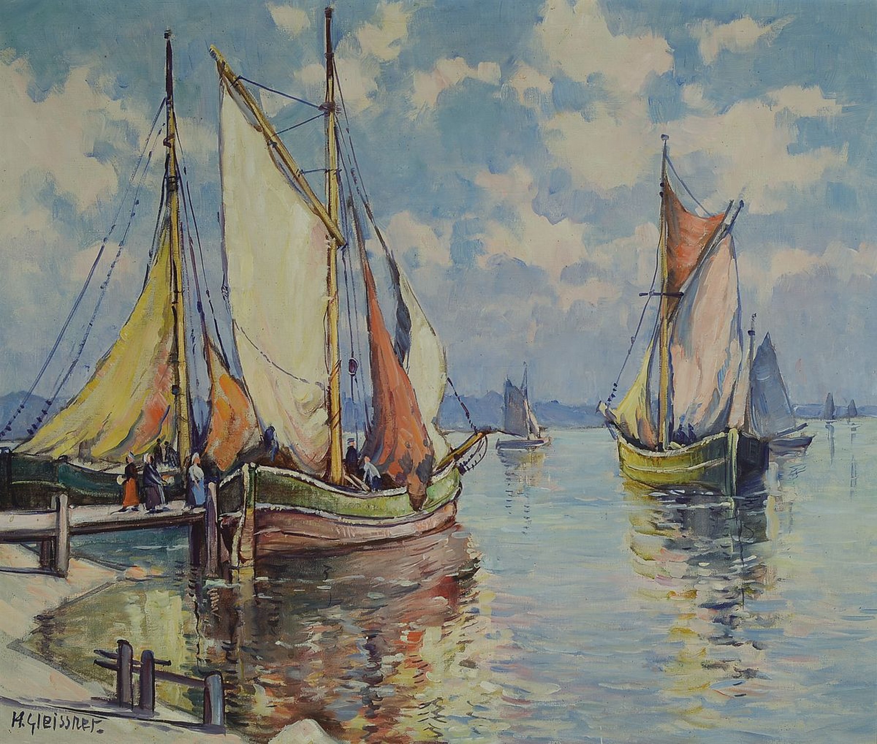 Hans Gleissner, 1880-1935 Berlin, Berliner Landschaftsmaler, hier: Segelschiffe im Hafen mit Personenstaffage, Öl/Lwd, links unten signiert (kleiner ...