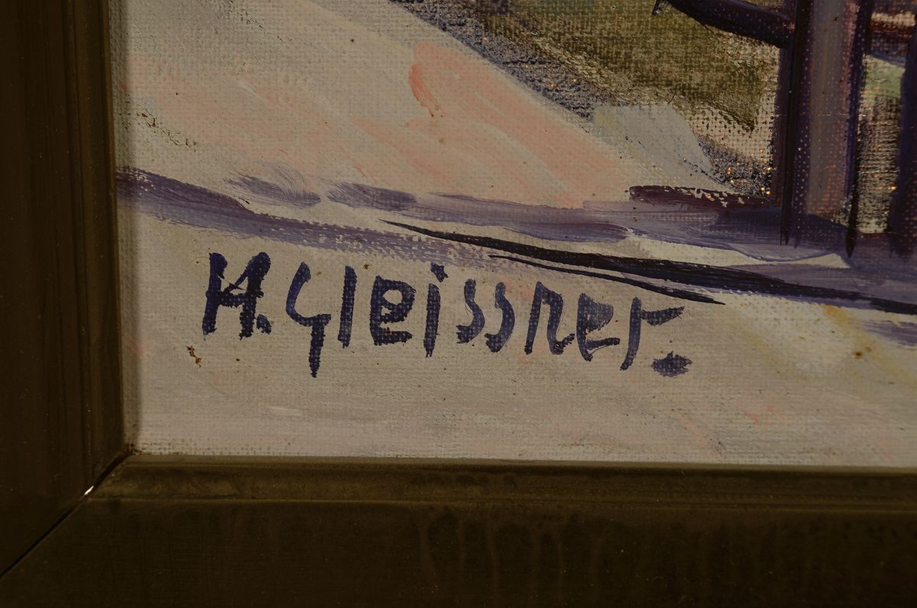 Detail a: Hans Gleissner, 1880-1935 Berlin, Berliner Landschaftsmaler, hier: Segelschiffe im Hafen mit Personenstaffage, Öl/Lwd, links unten signiert (kleiner ...