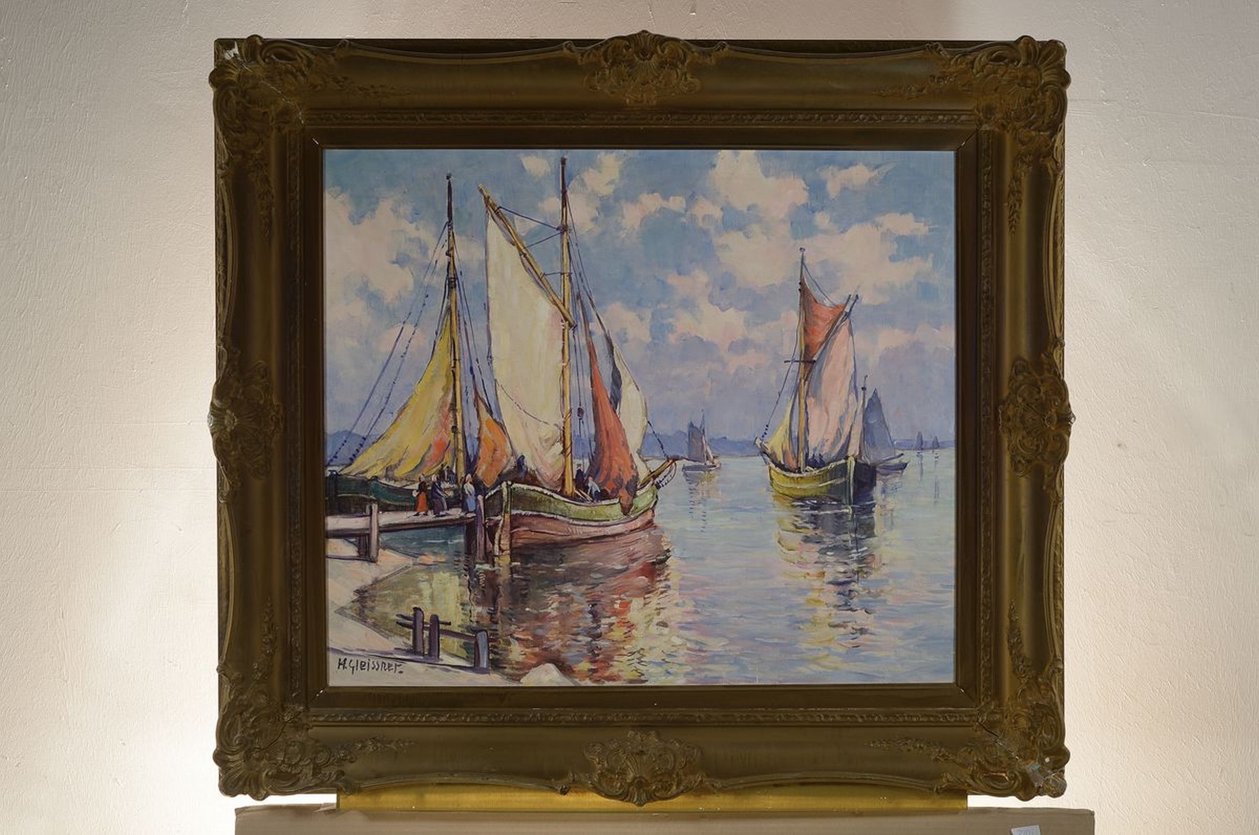Detail k: Hans Gleissner, 1880-1935 Berlin, Berliner Landschaftsmaler, hier: Segelschiffe im Hafen mit Personenstaffage, Öl/Lwd, links unten signiert (kleiner ...