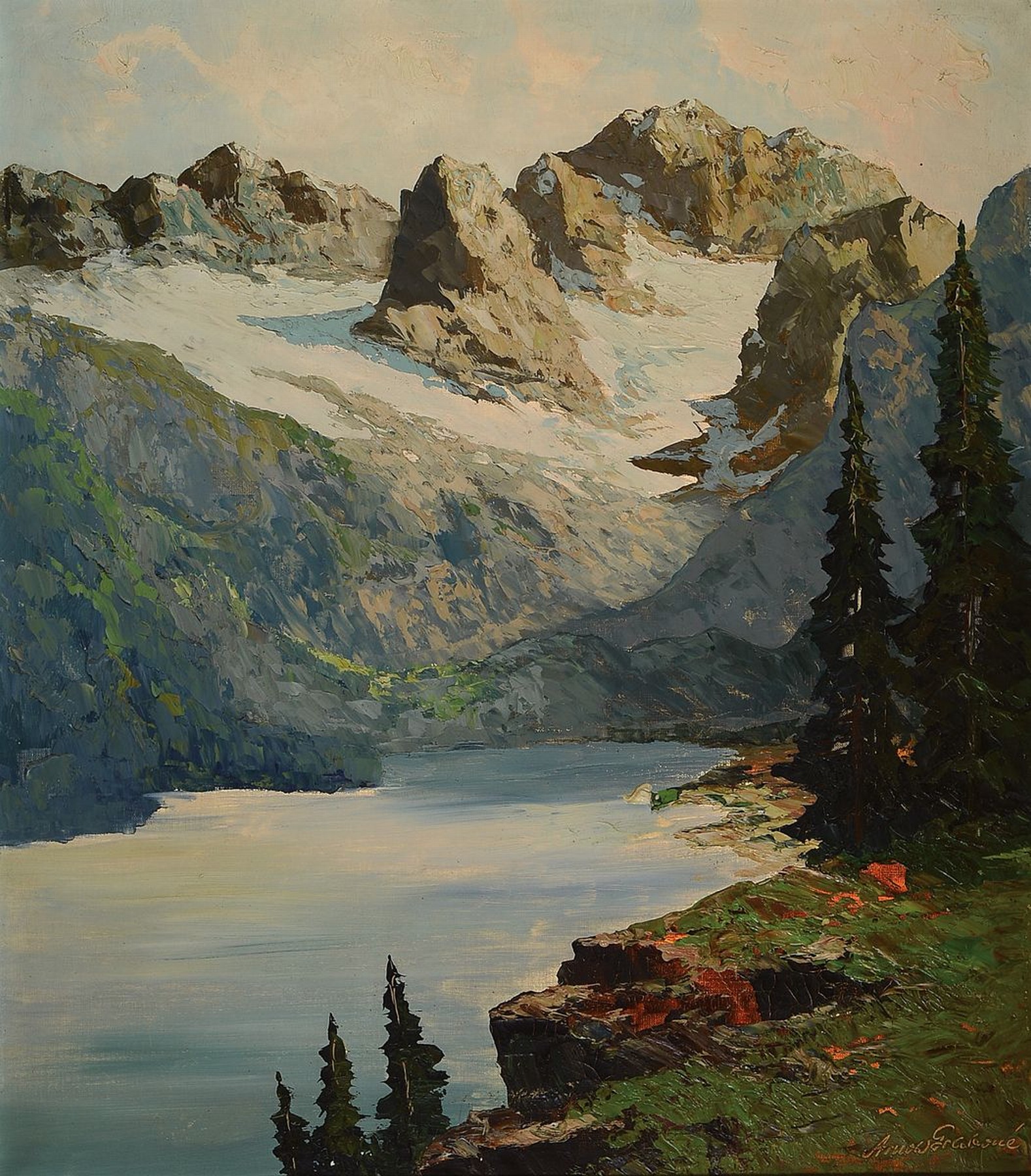 Arnold Grabone, 1896 München -1982 Starnberg, Gebirgslandschaft, Öl/Lwd, rechts unten signiert und bezeichnet "Dachstein von der ...