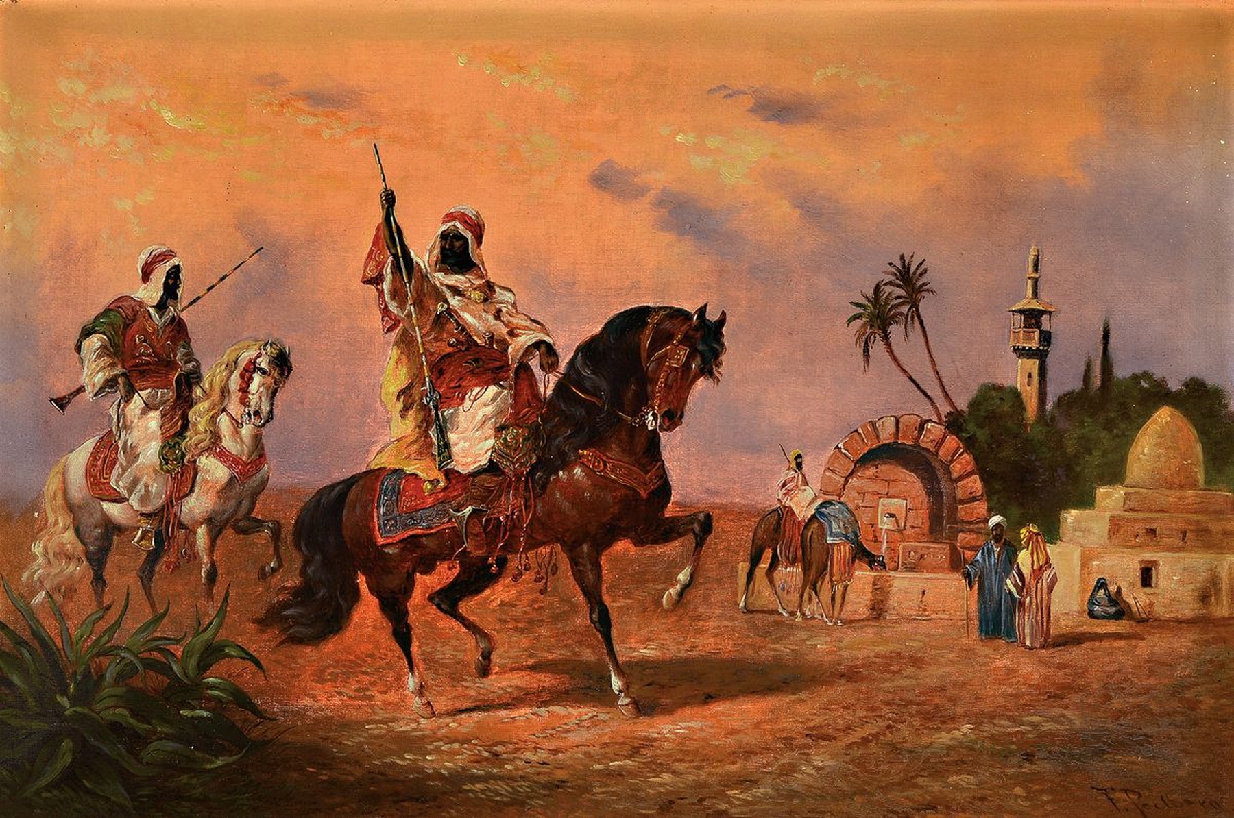 Friedrich Perlberg, 1848 Nürnberg-1921 München, Reitende Beduinen in einer Oase, Abendstimmung, Öl/Lwd, rechts unten signiert, ca. 60x90cm, R. ca. ...