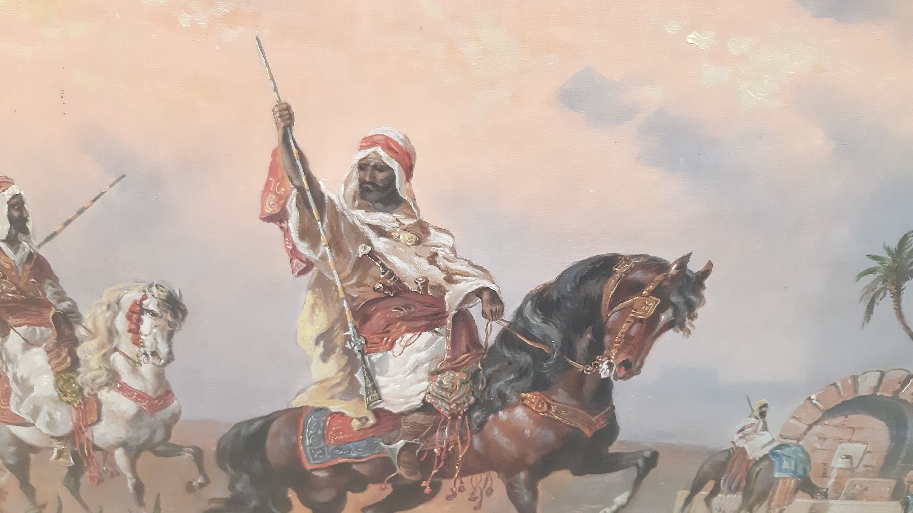 Detail e: Friedrich Perlberg, 1848 Nürnberg-1921 München, Reitende Beduinen in einer Oase, Abendstimmung, Öl/Lwd, rechts unten signiert, ca. 60x90cm, R. ca. ...