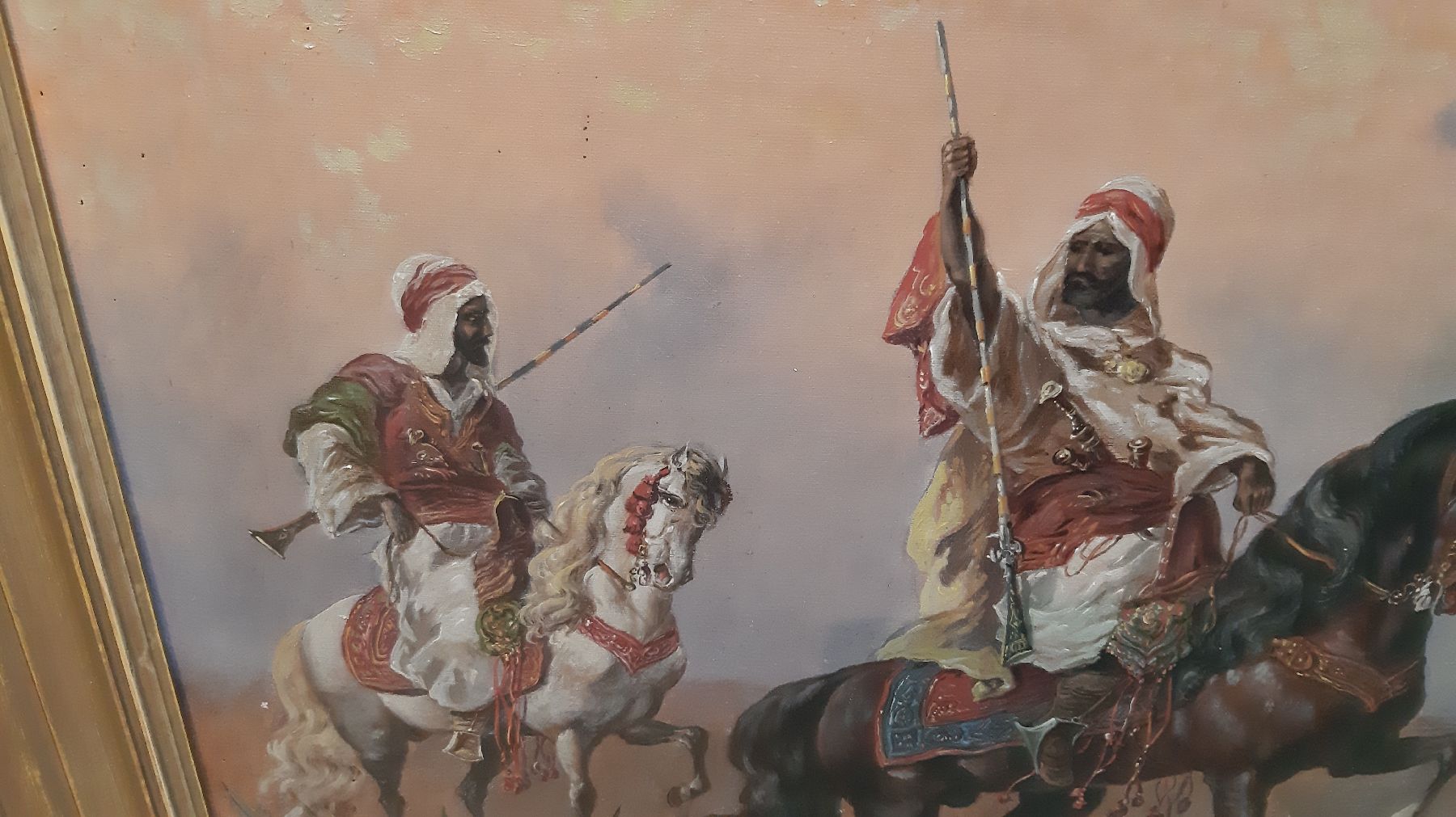 Detail f: Friedrich Perlberg, 1848 Nürnberg-1921 München, Reitende Beduinen in einer Oase, Abendstimmung, Öl/Lwd, rechts unten signiert, ca. 60x90cm, R. ca. ...