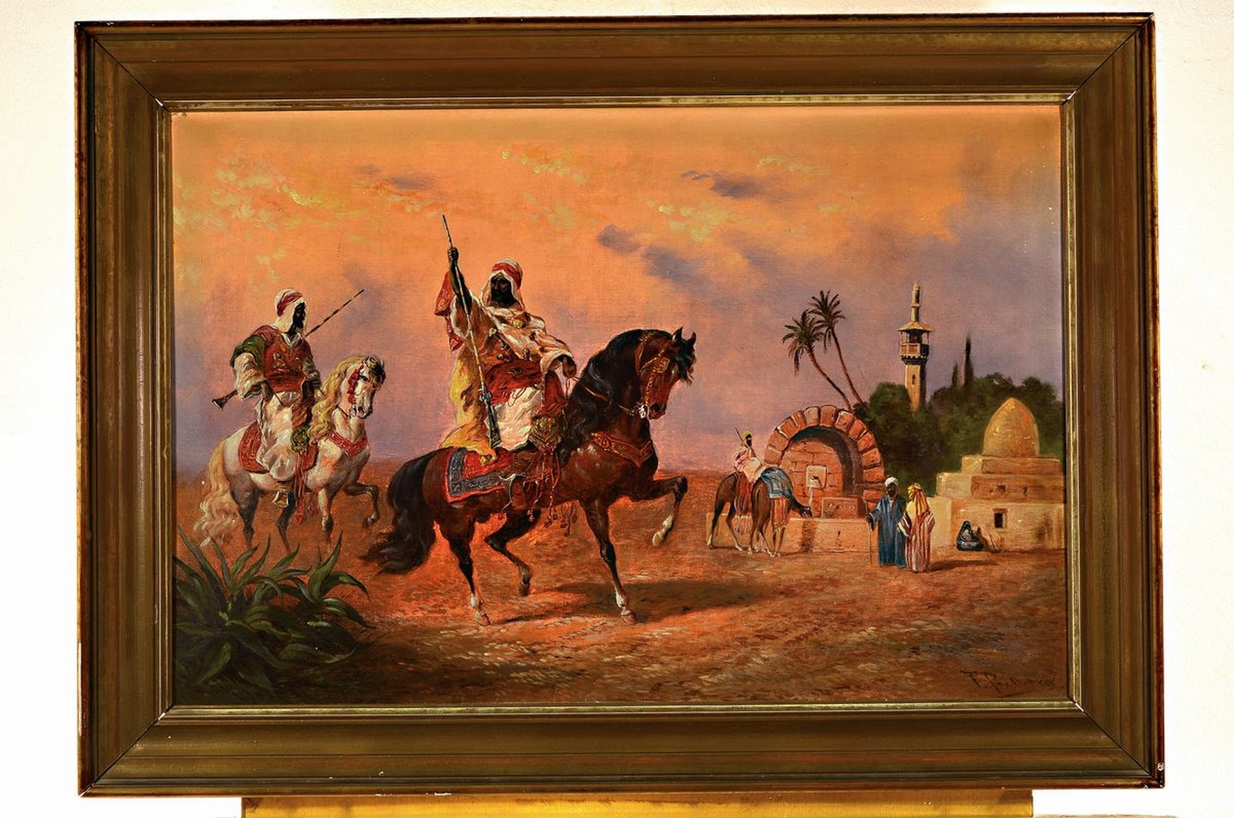 Detail k: Friedrich Perlberg, 1848 Nürnberg-1921 München, Reitende Beduinen in einer Oase, Abendstimmung, Öl/Lwd, rechts unten signiert, ca. 60x90cm, R. ca. ...