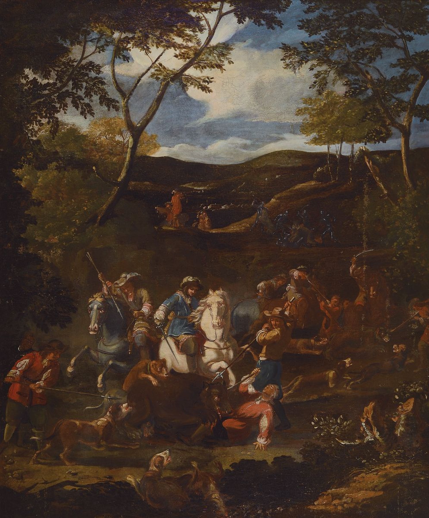 Umkreis Nicolaes Berchem, 1620 - 1683, Bärenhatz in bewaldeter Berglandschaft, Öl/Lwd, Schilderung einer reichen Jagdszene mit Erlegung eines ...