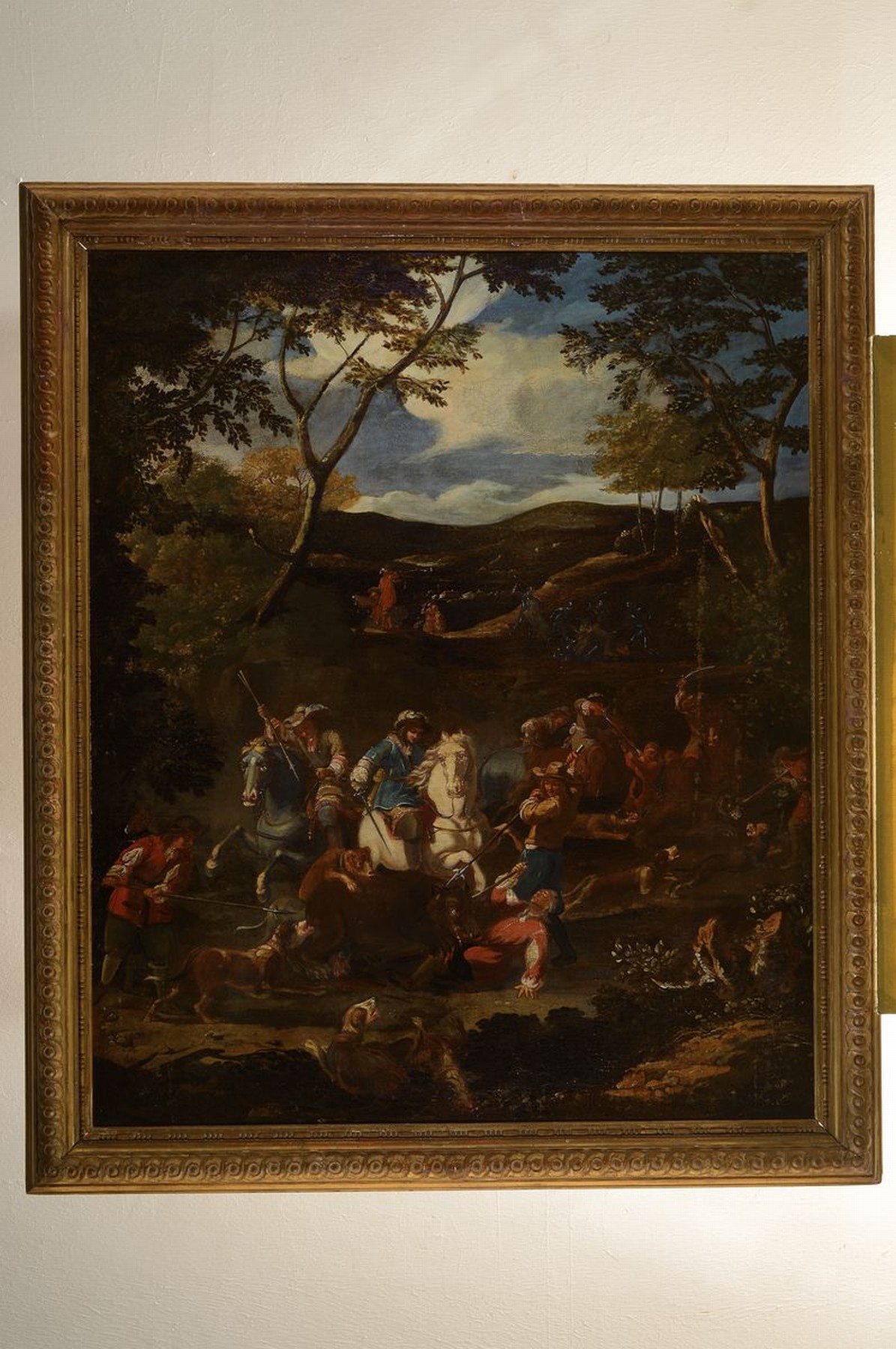Detail k: Umkreis Nicolaes Berchem, 1620 - 1683, Bärenhatz in bewaldeter Berglandschaft, Öl/Lwd, Schilderung einer reichen Jagdszene mit Erlegung eines ...
