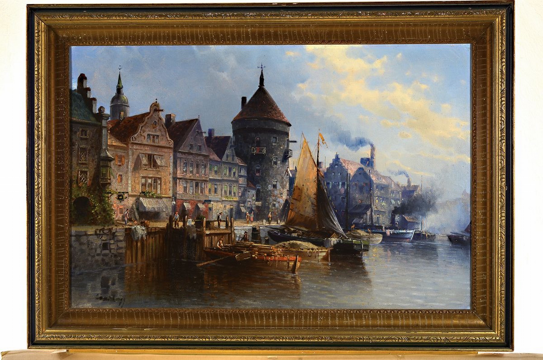 Detail k: Zuschreibung Karl Kaufmann, 1843 -1905, wohl der Hafen von Danzig, Öl/Lwd, mit Pseudonym unleserlich signiert Lambert(?) und datiert 1893 (?), typ. ...