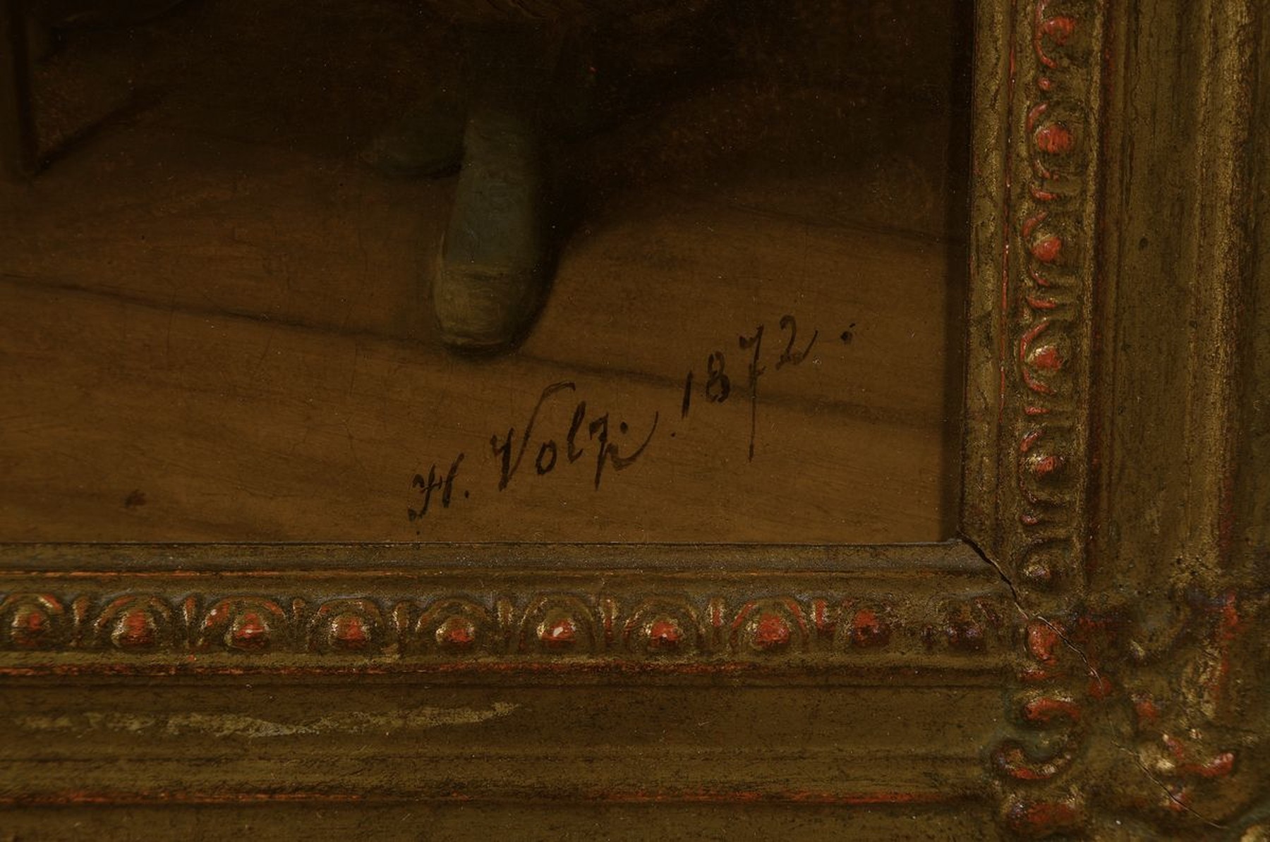 Detail a: Hermann Volz, 1814 Biberach an der Riss- 1894, Wirtshausszene, Öl/Metall, rechts unten signiert und dat. 1872, rest., ca. 32x24cm, R. ca. 47x39cm