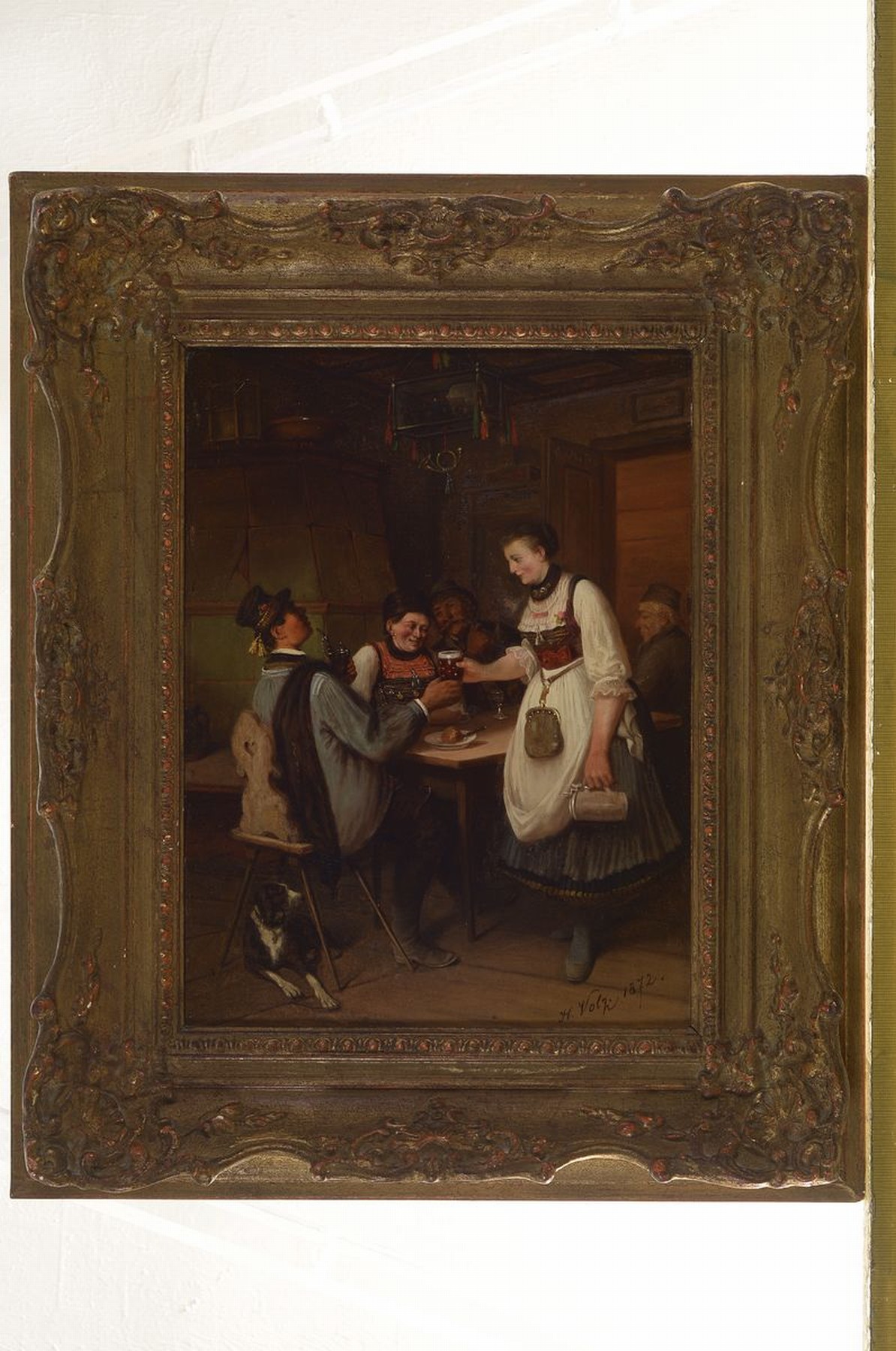 Detail k: Hermann Volz, 1814 Biberach an der Riss- 1894, Wirtshausszene, Öl/Metall, rechts unten signiert und dat. 1872, rest., ca. 32x24cm, R. ca. 47x39cm