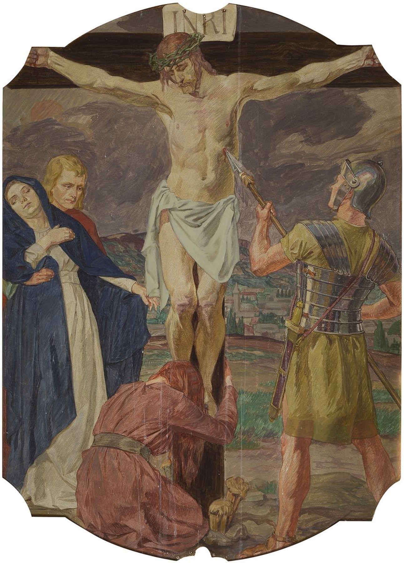 Detail b: Unbekannter Künstler, deutsch, um 1880-1900, 14 Gemälde zu den Kreuzweg-Stationen, Öl/ Metall, Gemälde mit leichten Alters- und Gebr.-schäden, ...