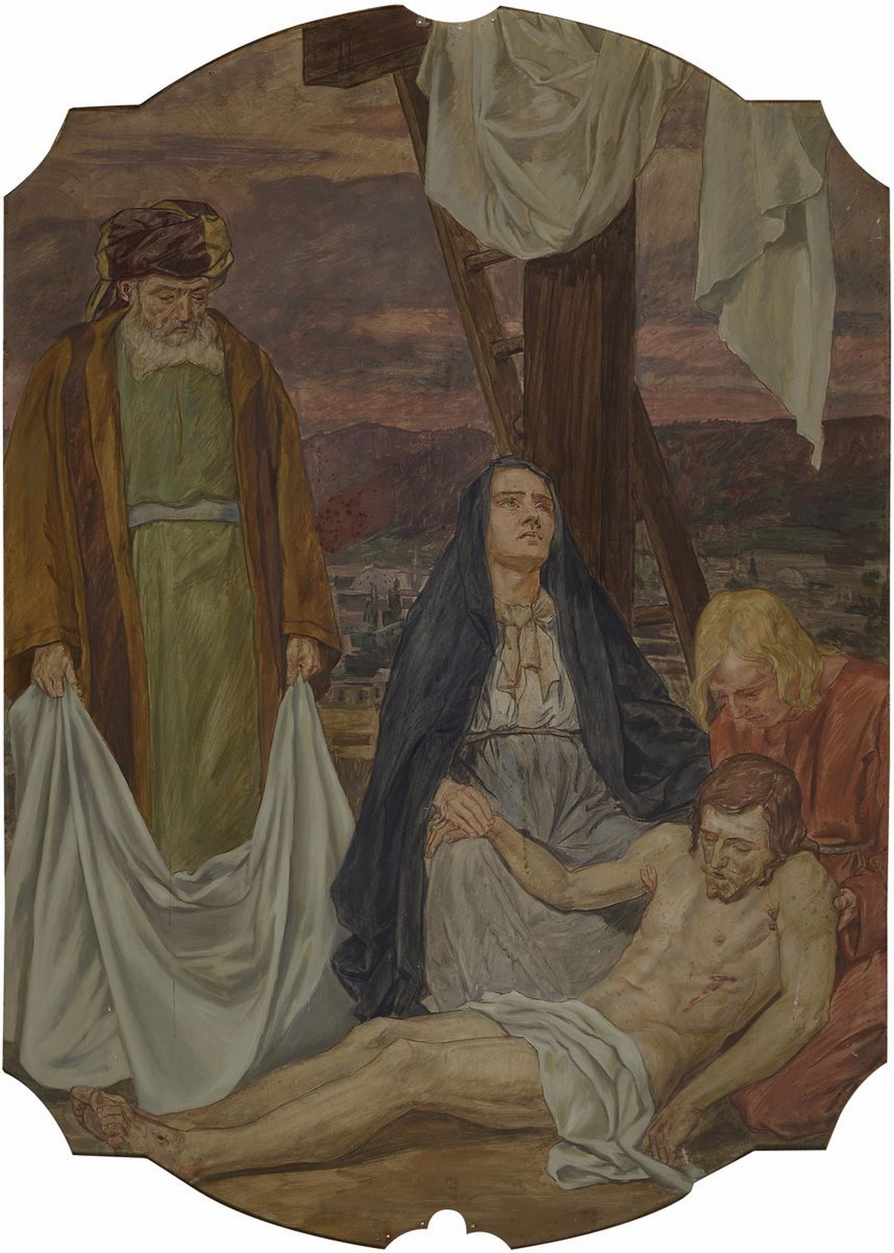 Detail f: Unbekannter Künstler, deutsch, um 1880-1900, 14 Gemälde zu den Kreuzweg-Stationen, Öl/ Metall, Gemälde mit leichten Alters- und Gebr.-schäden, ...