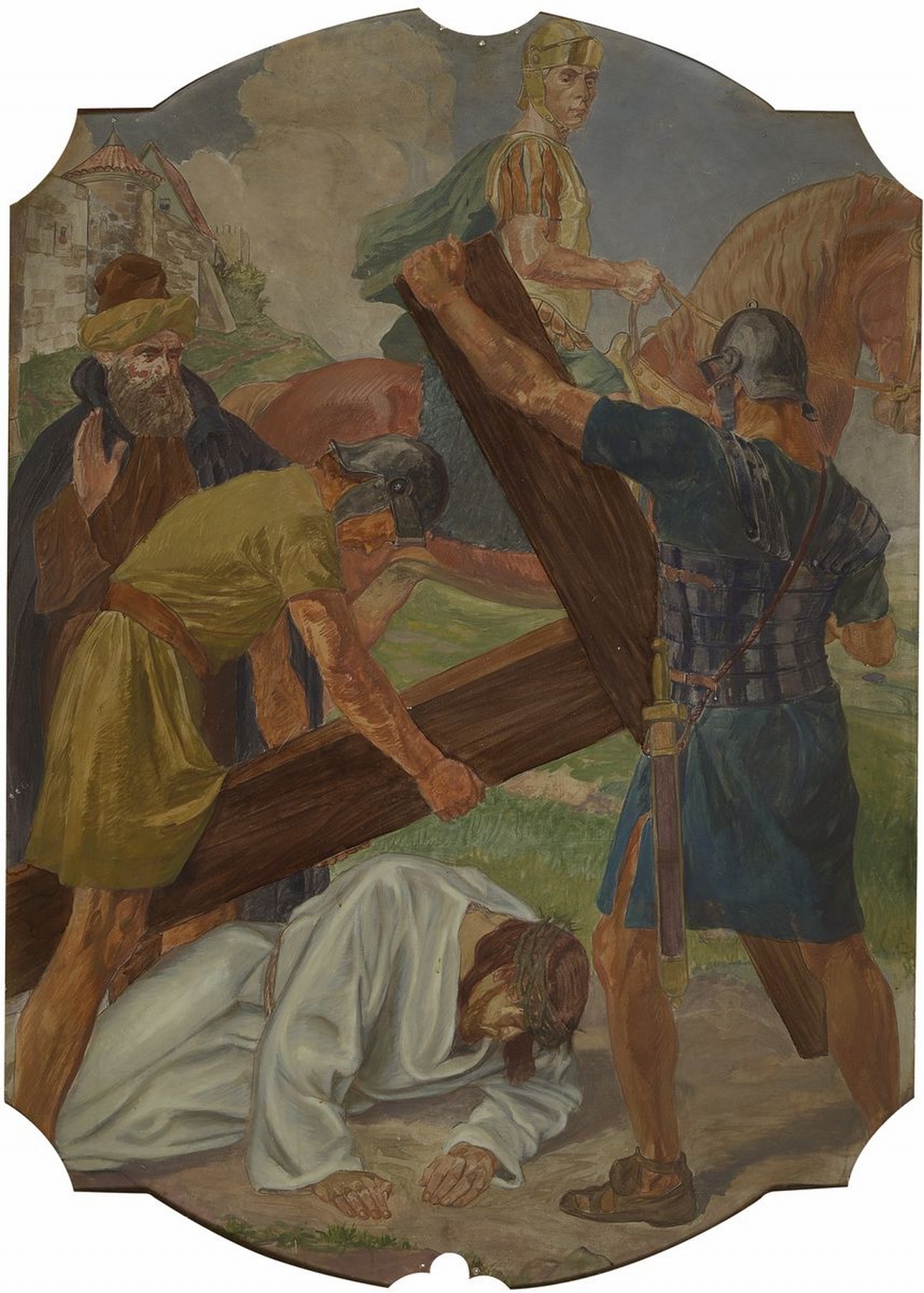 Detail h: Unbekannter Künstler, deutsch, um 1880-1900, 14 Gemälde zu den Kreuzweg-Stationen, Öl/ Metall, Gemälde mit leichten Alters- und Gebr.-schäden, ...