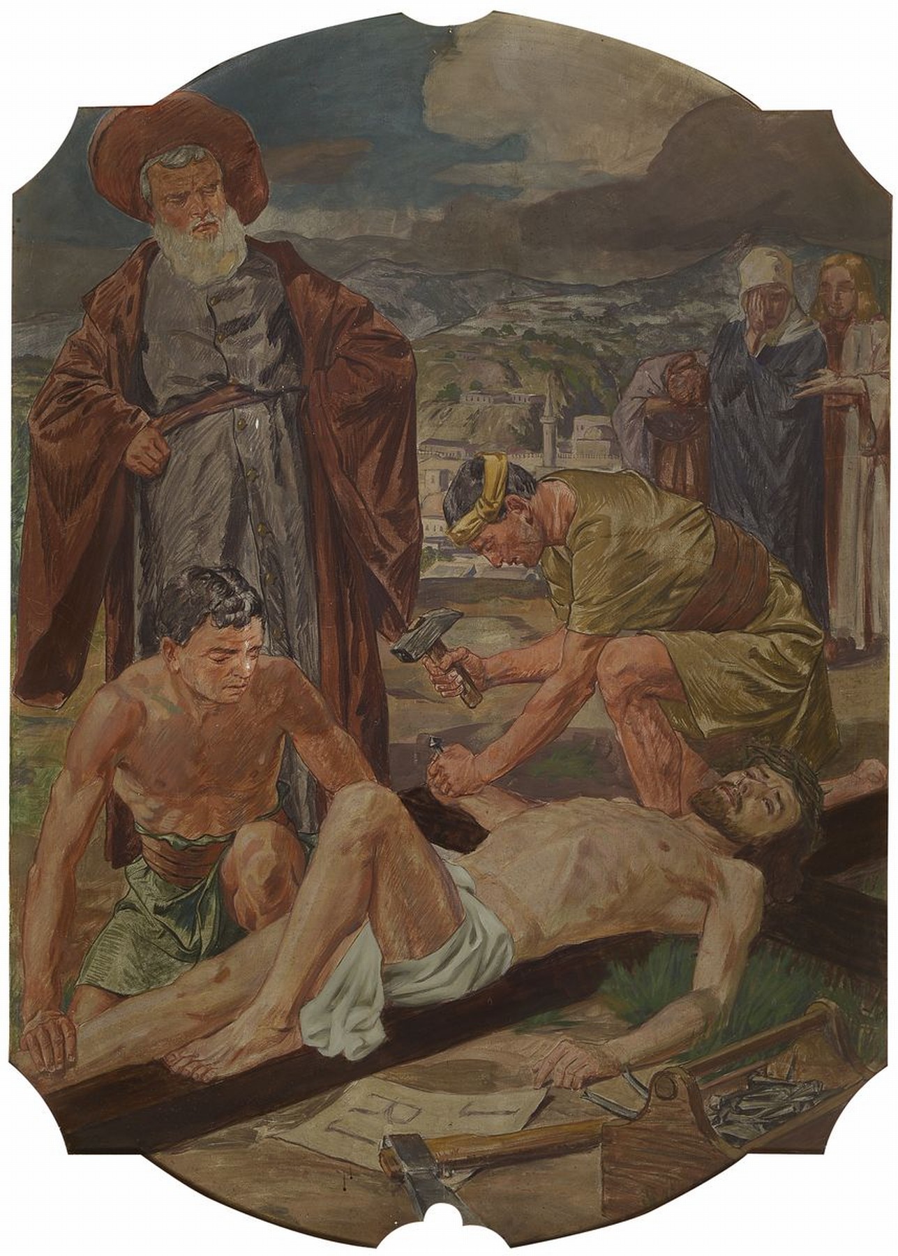 Detail j: Unbekannter Künstler, deutsch, um 1880-1900, 14 Gemälde zu den Kreuzweg-Stationen, Öl/ Metall, Gemälde mit leichten Alters- und Gebr.-schäden, ...