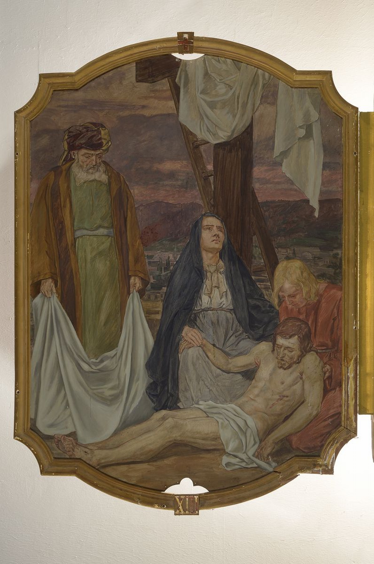 Detail q: Unbekannter Künstler, deutsch, um 1880-1900, 14 Gemälde zu den Kreuzweg-Stationen, Öl/ Metall, Gemälde mit leichten Alters- und Gebr.-schäden, ...