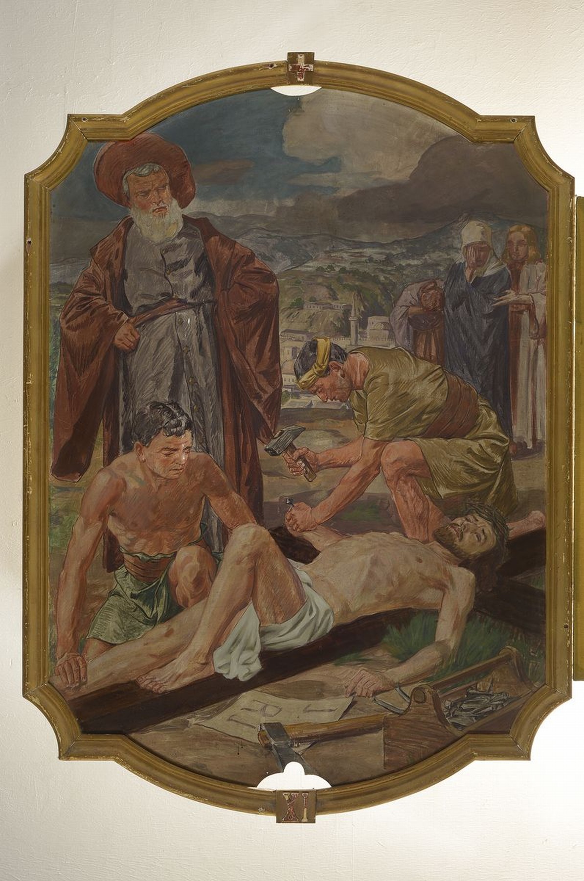 Detail u: Unbekannter Künstler, deutsch, um 1880-1900, 14 Gemälde zu den Kreuzweg-Stationen, Öl/ Metall, Gemälde mit leichten Alters- und Gebr.-schäden, ...