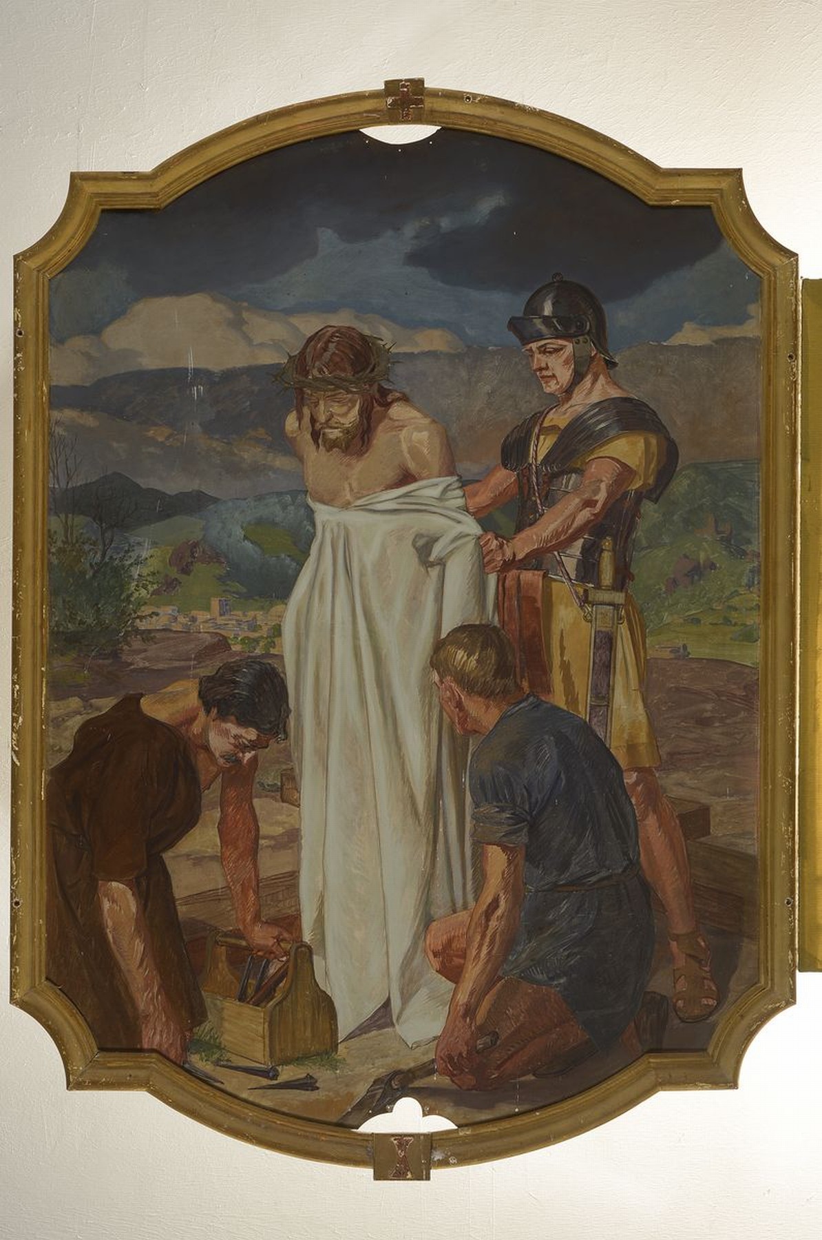 Detail v: Unbekannter Künstler, deutsch, um 1880-1900, 14 Gemälde zu den Kreuzweg-Stationen, Öl/ Metall, Gemälde mit leichten Alters- und Gebr.-schäden, ...