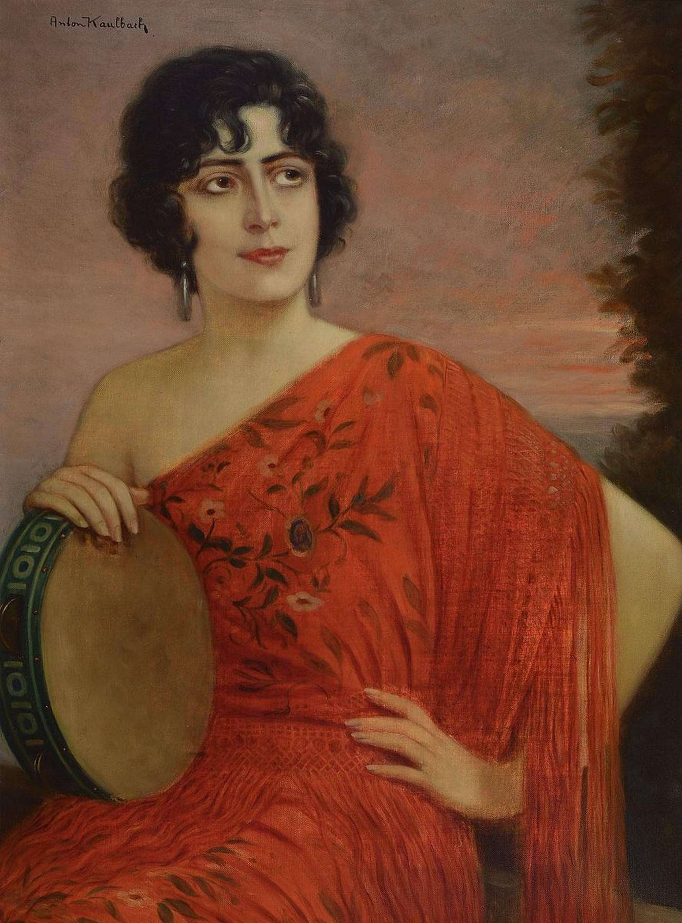 Anton Kaulbach, 1864 Hannover - 1934 Berlin, "Spanierin mit Tambourin", im Hintergrund Abenddämmerung, Öl/Lwd, signiert, ca. 80 x 60 cm, ...