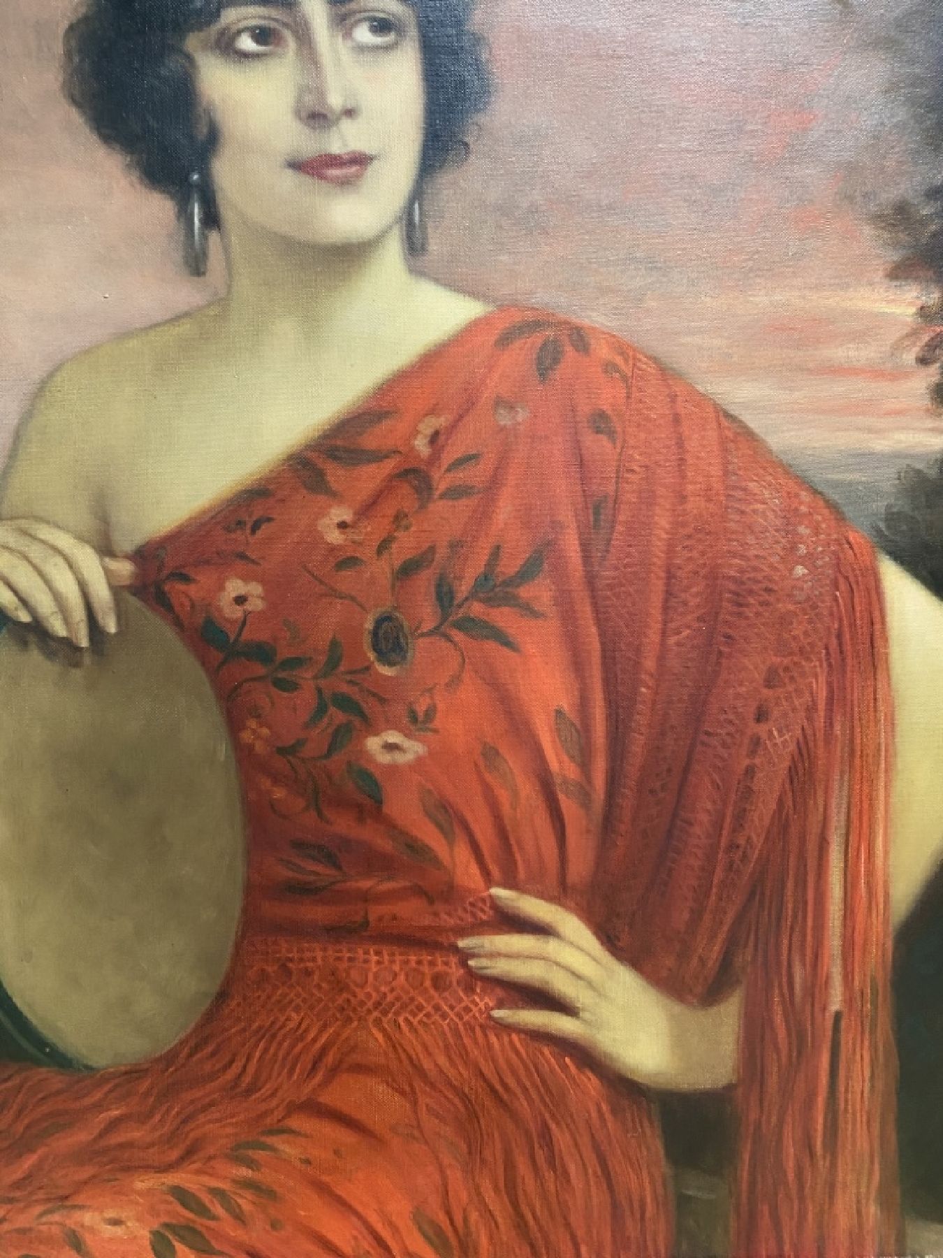 Detail b: Anton Kaulbach, 1864 Hannover - 1934 Berlin, "Spanierin mit Tambourin", im Hintergrund Abenddämmerung, Öl/Lwd, signiert, ca. 80 x 60 cm, ...