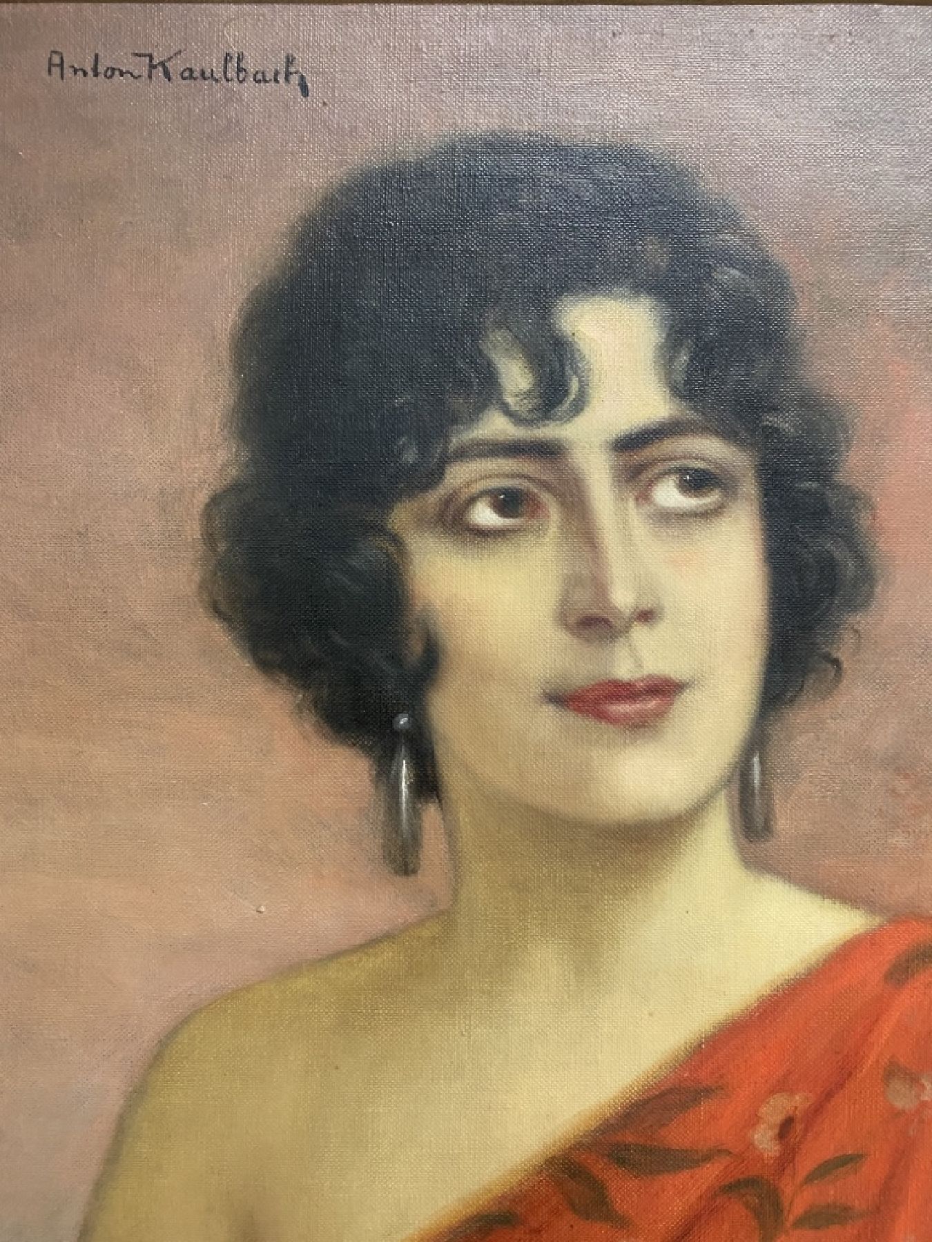 Detail c: Anton Kaulbach, 1864 Hannover - 1934 Berlin, "Spanierin mit Tambourin", im Hintergrund Abenddämmerung, Öl/Lwd, signiert, ca. 80 x 60 cm, ...