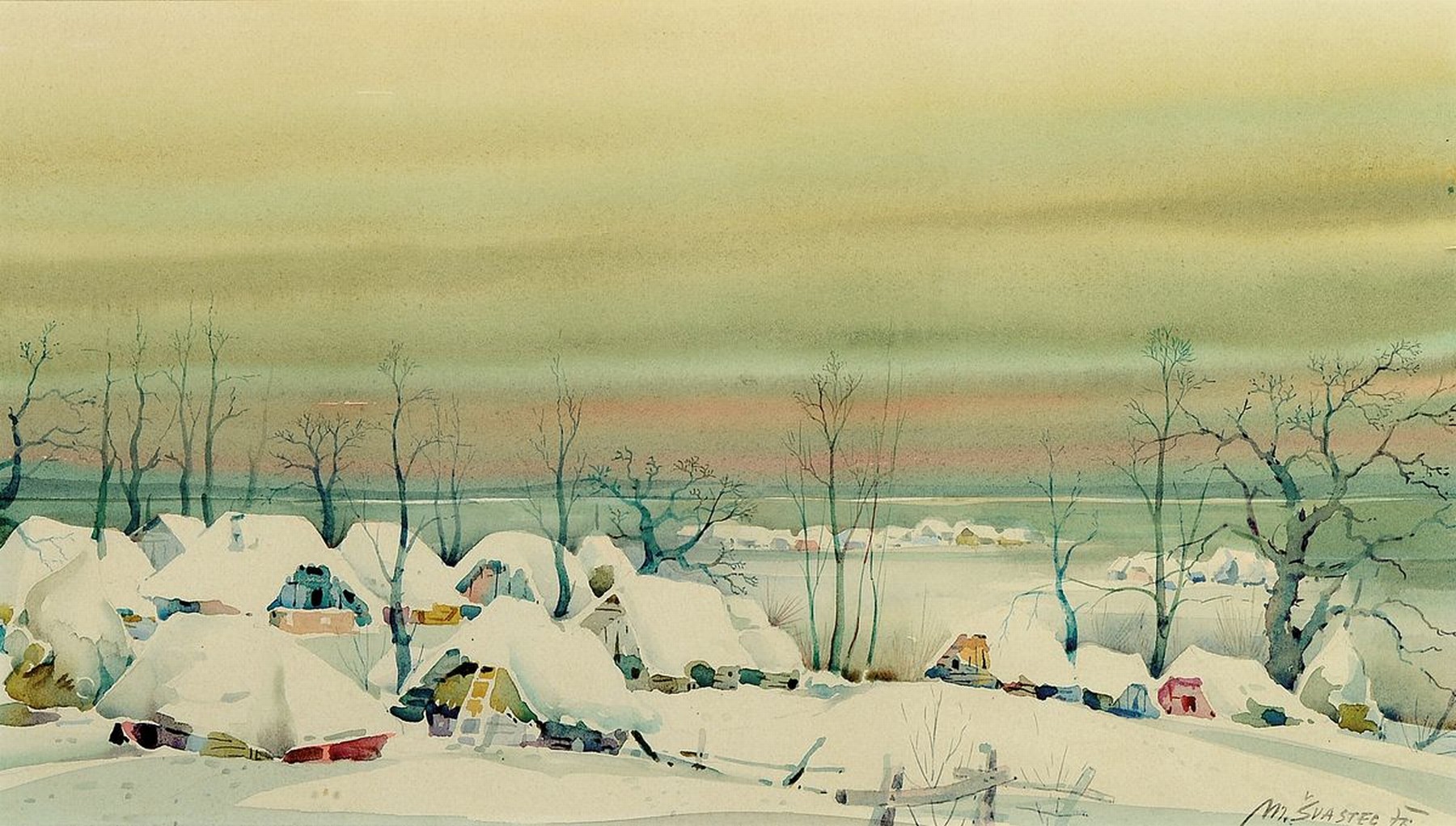 M. Svastec, 60/70er Jahre, ehem. Jugoslawien , Aquarell, Winterlandschaft, feine Zeichnung mit sanften Übergängen, re. u. signiert, ca. 26 x 46 cm