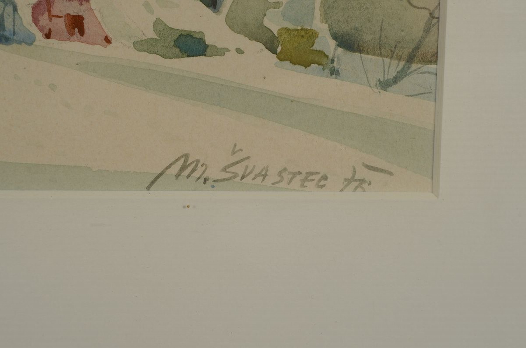 Detail e: M. Svastec, 60/70er Jahre, ehem. Jugoslawien , Aquarell, Winterlandschaft, feine Zeichnung mit sanften Übergängen, re. u. signiert, ca. 26 x 46 cm