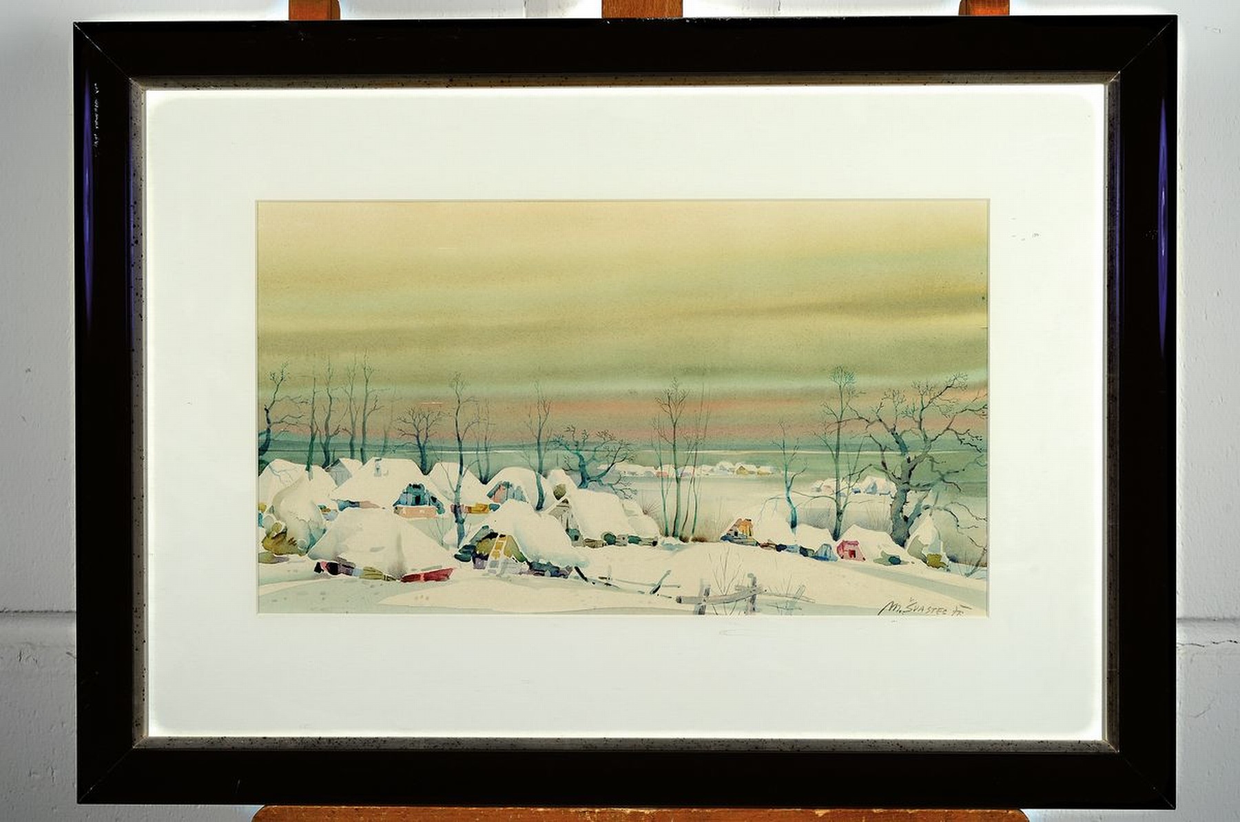 Detail k: M. Svastec, 60/70er Jahre, ehem. Jugoslawien , Aquarell, Winterlandschaft, feine Zeichnung mit sanften Übergängen, re. u. signiert, ca. 26 x 46 cm
