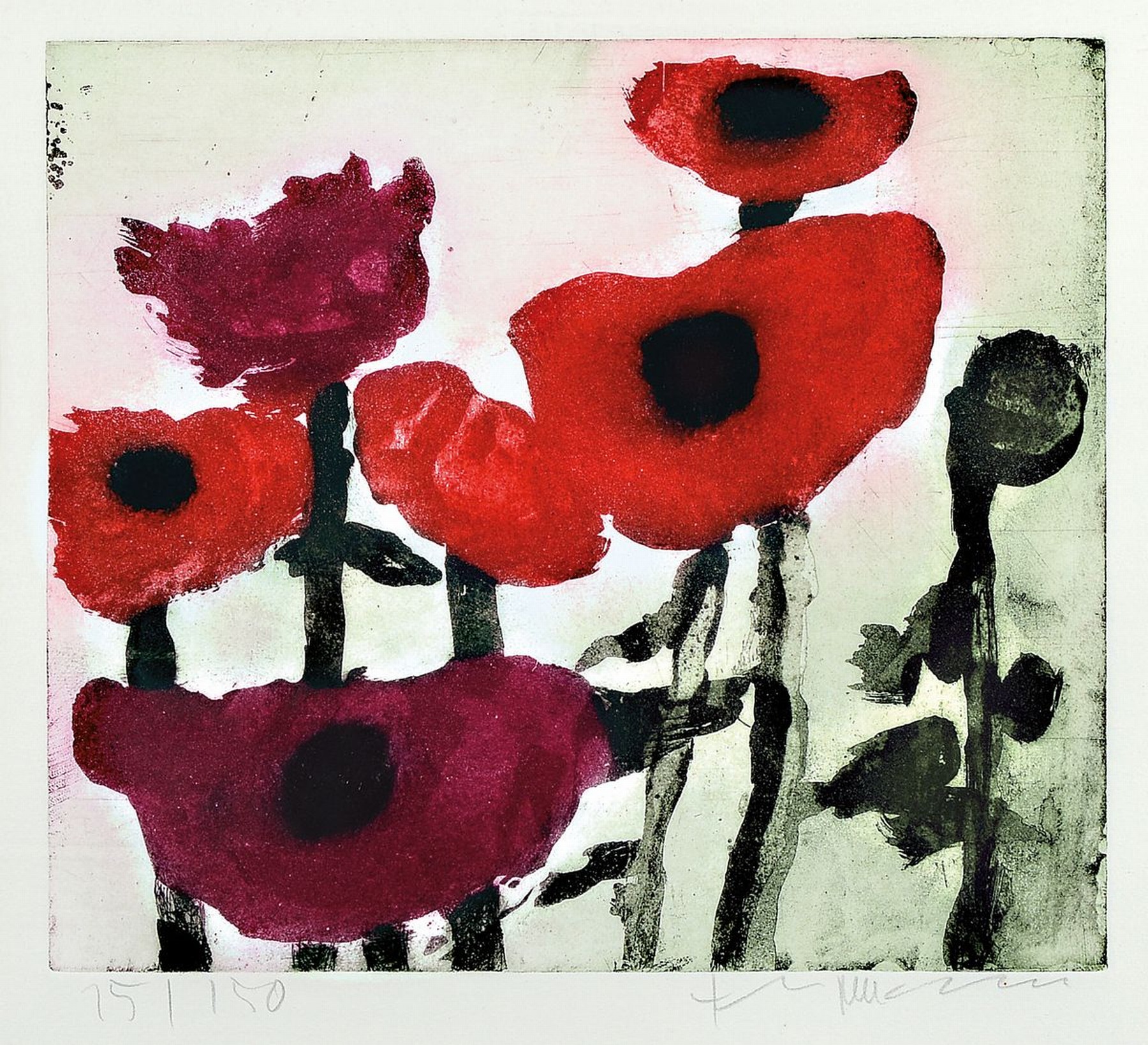 Klaus Fußmann,geb. 1938, Farbradierung, Mohnblumen, num. 15/150, handsigniert, 29 x 28 cm, Rahmen, unter Glas