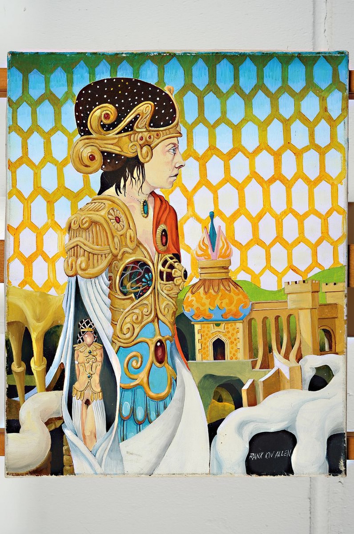 Detail k: Frank Kin Allan, surrealistischer Maler 60/70er Jahre, Öl/Lwd, re. u. signiert, ca. 50 x 40 cm