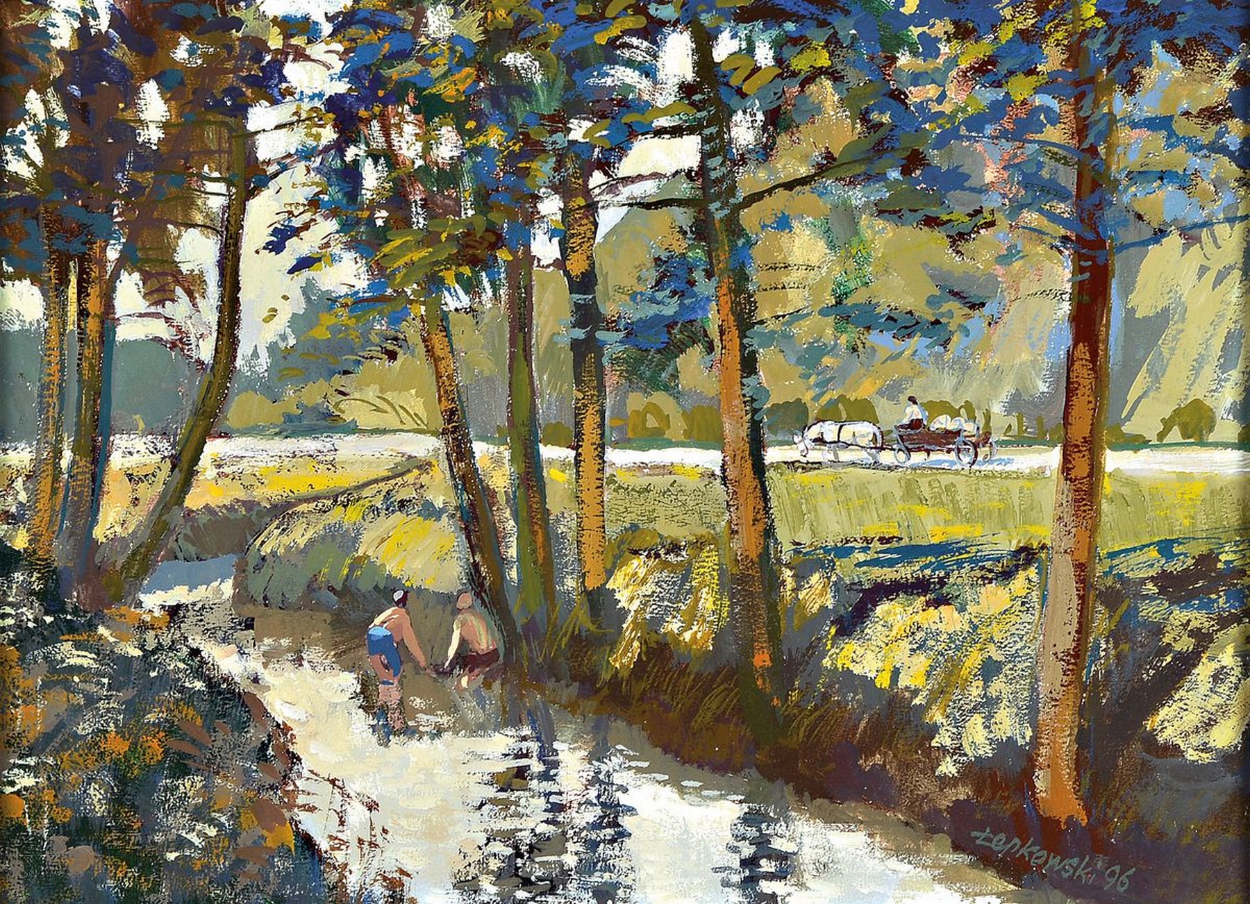 Lenkowski, Krakauer Maler, 20. Jh., Landschaft mit Pferdekarren, Öl/Malkarton, impressionistische Malweise, 22 x 32 cm, Rahmen