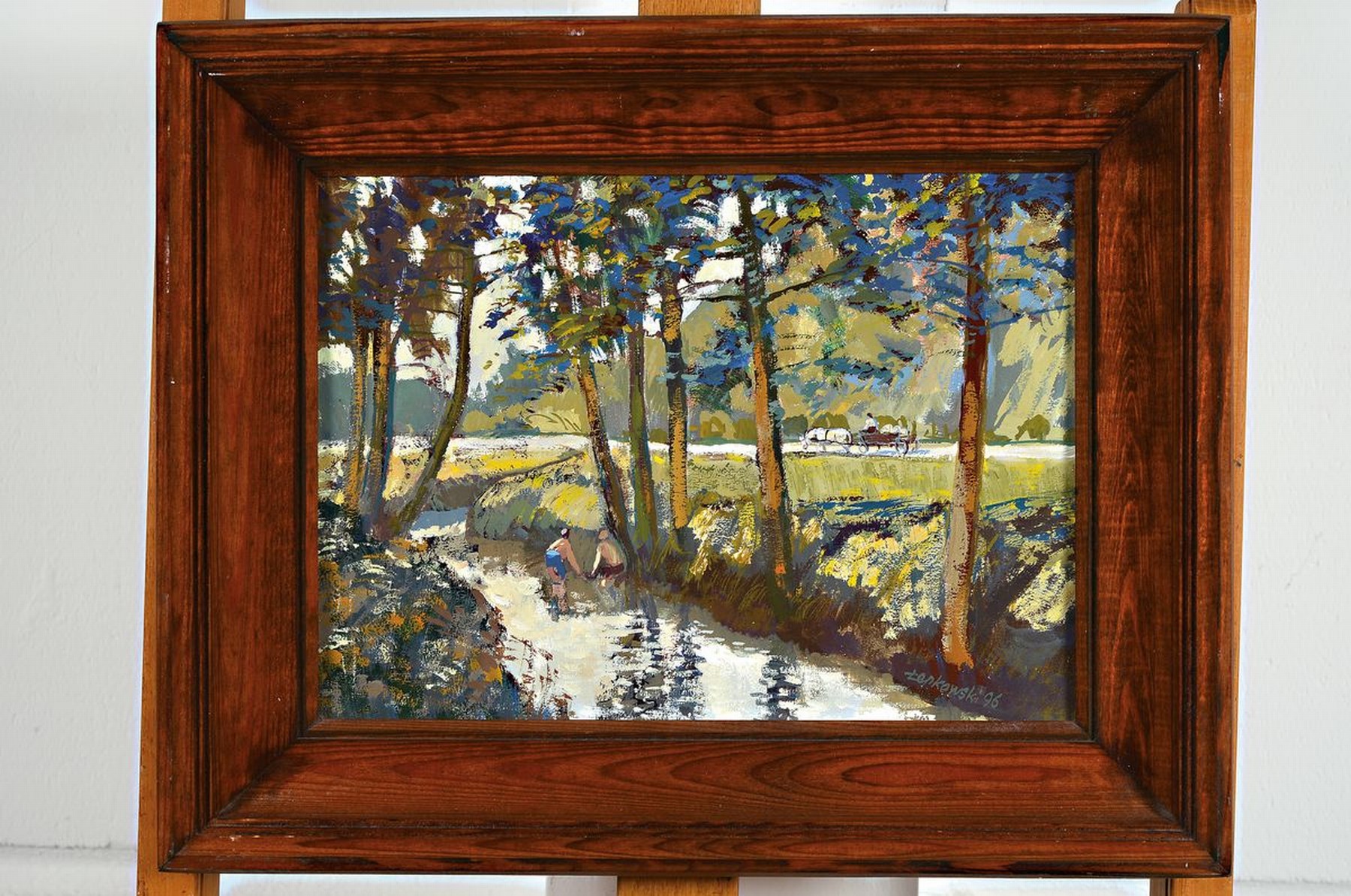 Detail k: Lenkowski, Krakauer Maler, 20. Jh., Landschaft mit Pferdekarren, Öl/Malkarton, impressionistische Malweise, 22 x 32 cm, Rahmen
