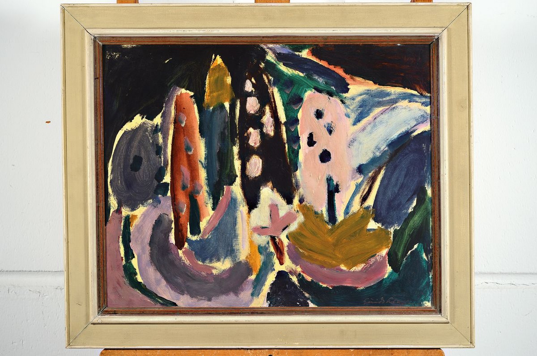 Detail k: Guido Schäfer, geb. 1934 Wiesbaden, "Komposition mit Bäumen", rückseitig auf Etikett bezeichnet und num. Nr. 4, Öl/Karton, ca. 38 x 48 ...