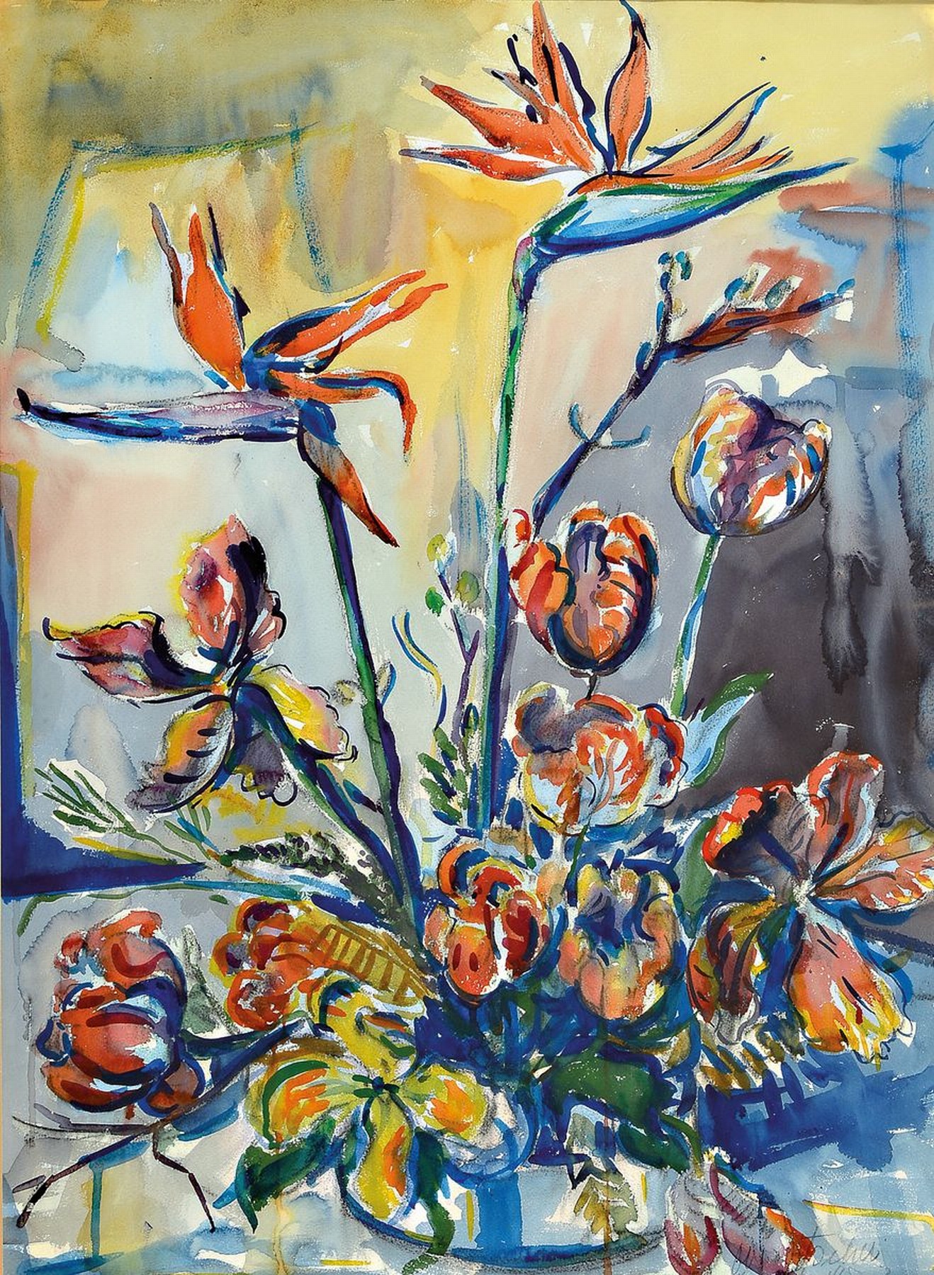 Otto Ditscher, 1903 Neuhofen-1987, Stillleben mit Tulpen und Strelitzien, Gouache auf Papier, rechts unten signiert und dat. 1973, ca. 74x55cm, PP, ...