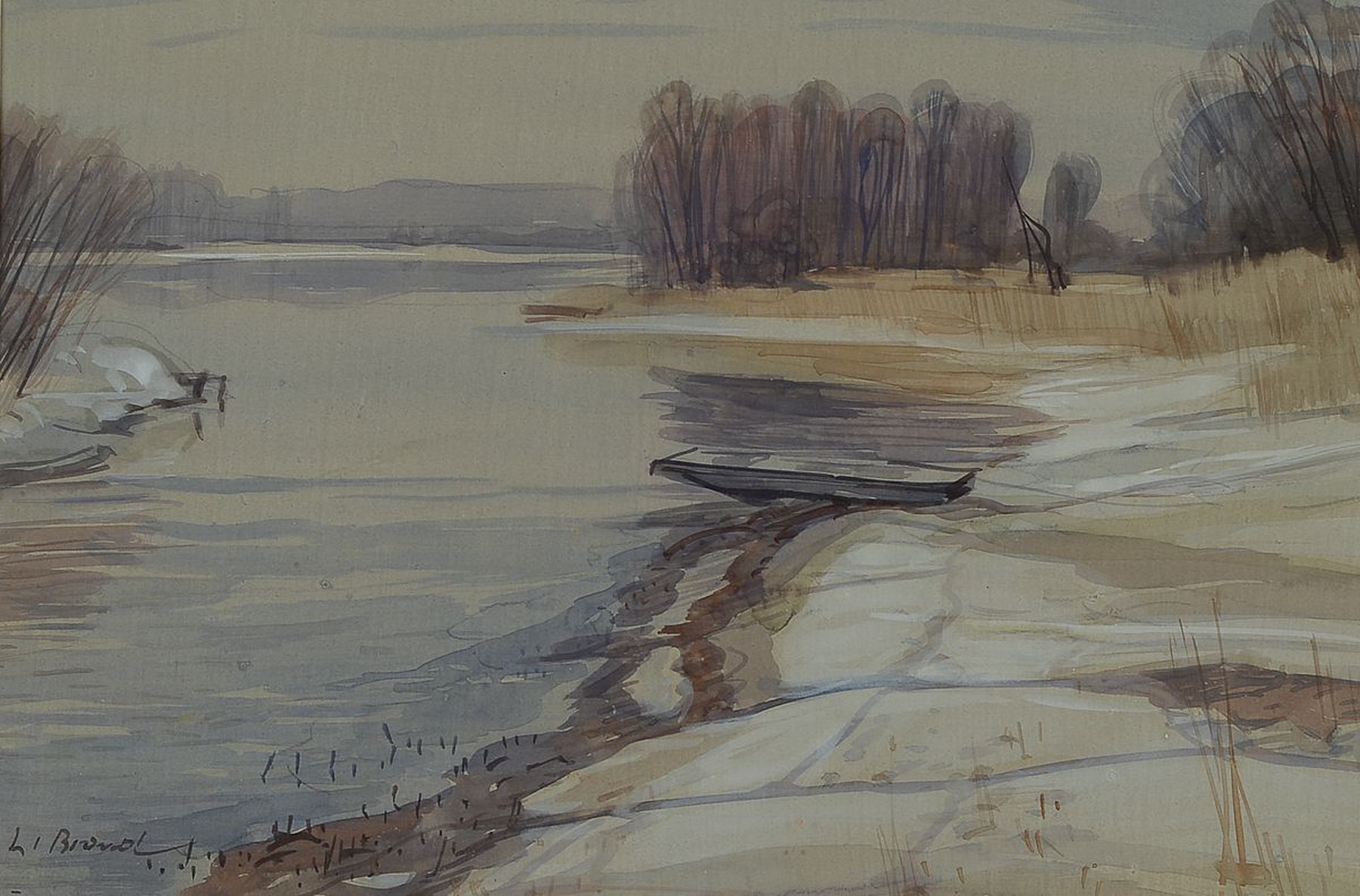 Werner Brand, geb. 1933, lebt und arbeitet in der Pfalz, Am Altrhein, Aquarell auf Papier, links unten signiert, ca. 19x28cm, PP, u.Gl., R. ca. ...