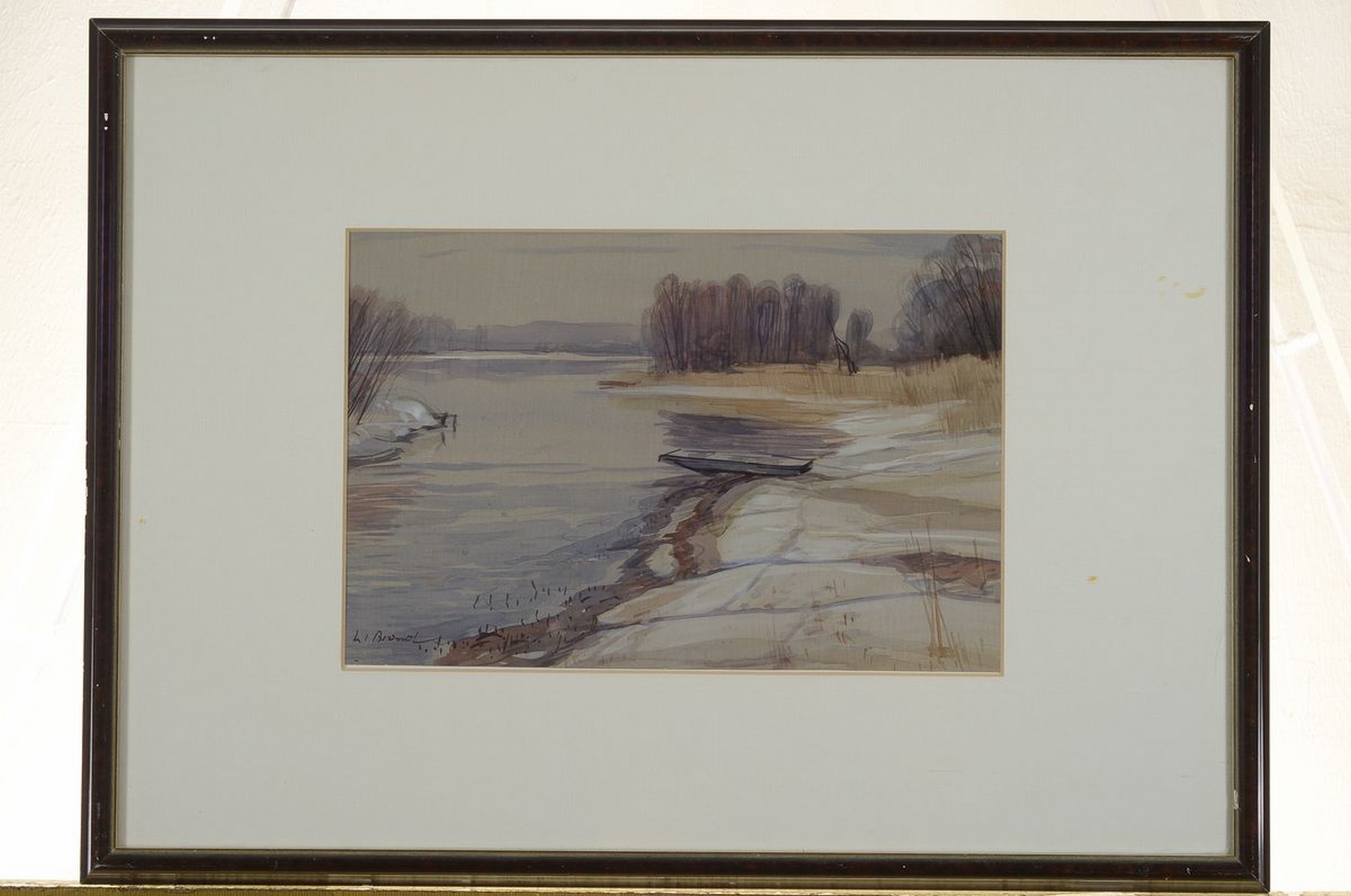 Detail k: Werner Brand, geb. 1933, lebt und arbeitet in der Pfalz, Am Altrhein, Aquarell auf Papier, links unten signiert, ca. 19x28cm, PP, u.Gl., R. ca. ...