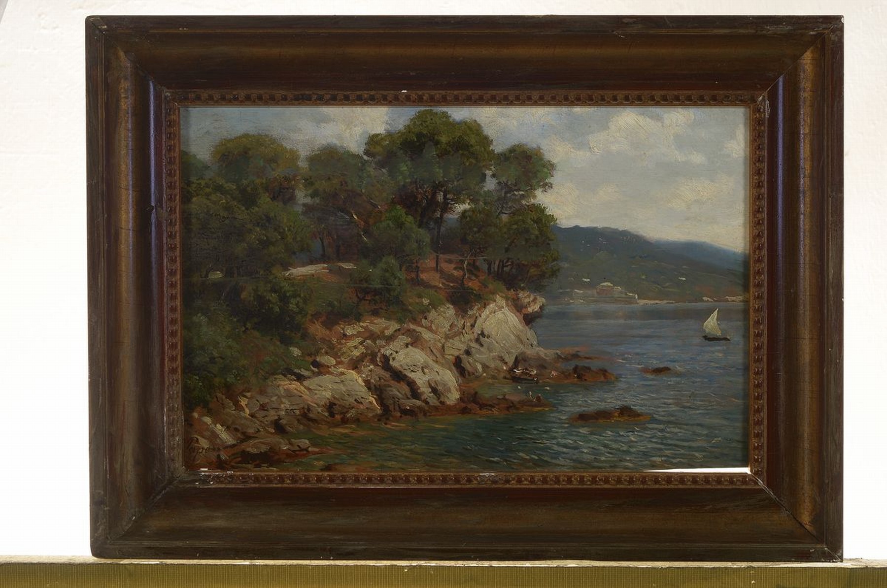 Detail k: Eduard Pape, 1817 Berlin-1905 ebenda, Studium an der Akademie Berlin, hier: Südliche Küstenlandschaft, Öl/Holz, Holzplatte 2-mal quer gerissen, ...