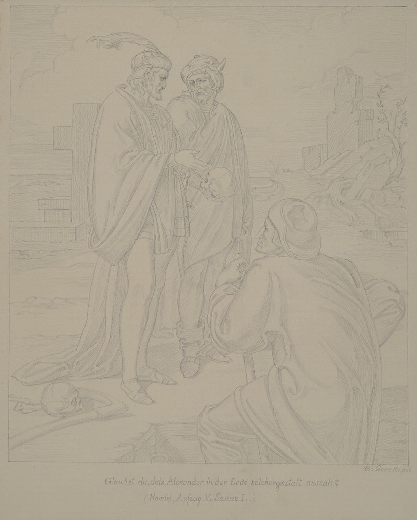 Bonaventura Genelli, 1798-1863, Illustration zu Hamlet, Aufzug V, Szene I, Gleubst du dass Alexander in der Erde solchergerstalt aussah ?, Bleistift ...