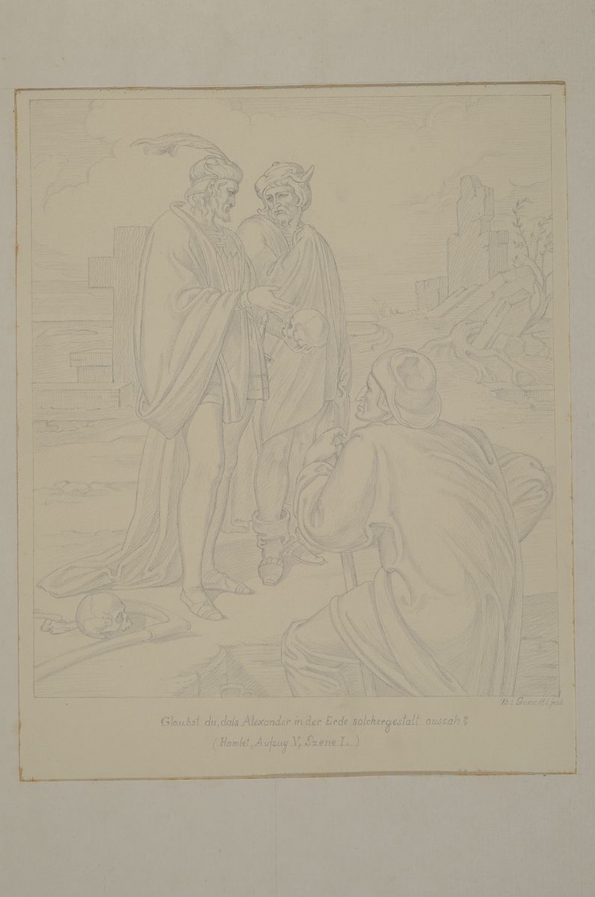 Detail k: Bonaventura Genelli, 1798-1863, Illustration zu Hamlet, Aufzug V, Szene I, Gleubst du dass Alexander in der Erde solchergerstalt aussah ?, Bleistift ...