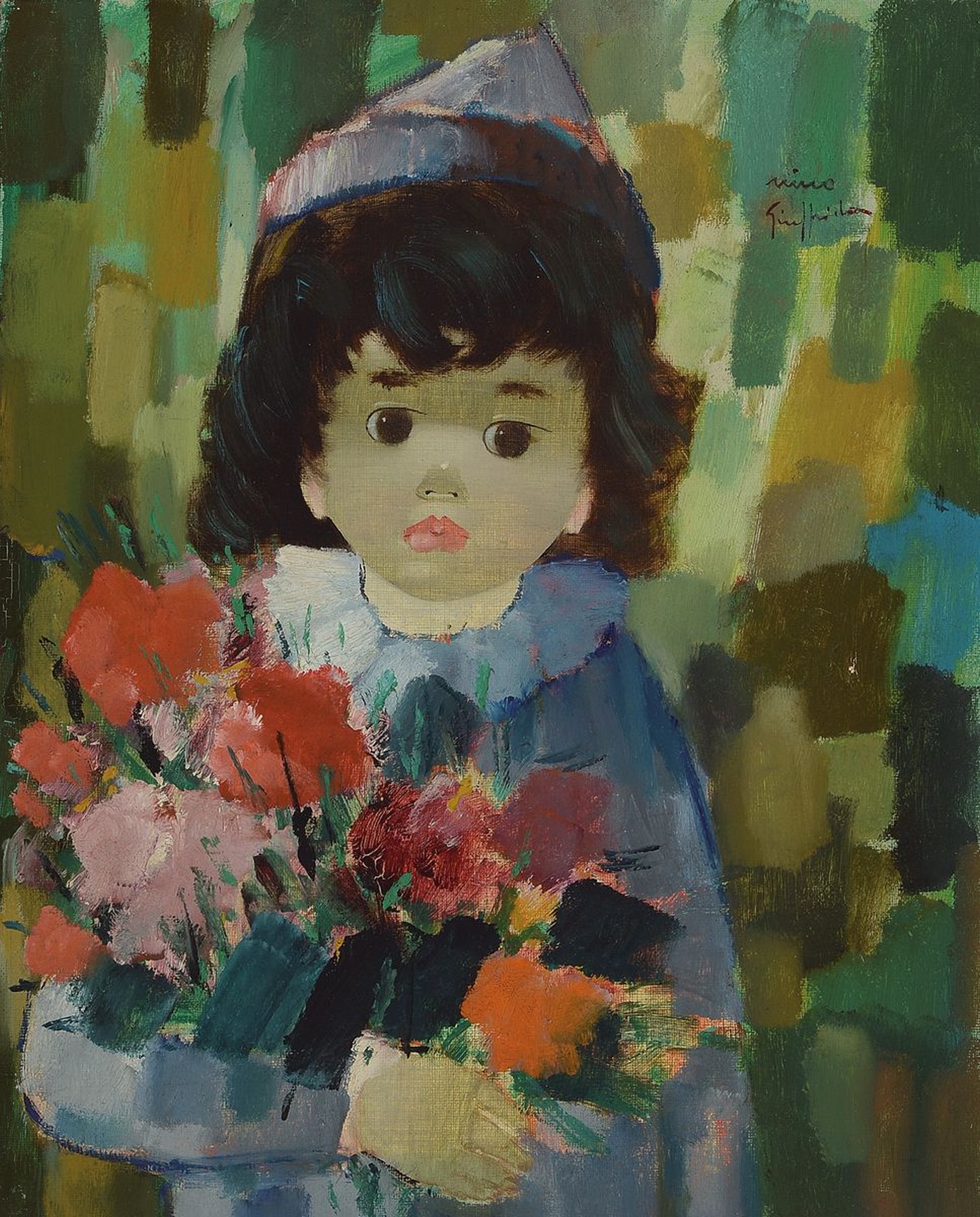 Nino Guiffrida, geb. 1924, betroffenes Kind mit Blumenstrauss, leichte Verlorenheit, Anspielung auf Harlekin, breite wuchtige Pinselführung mit ...