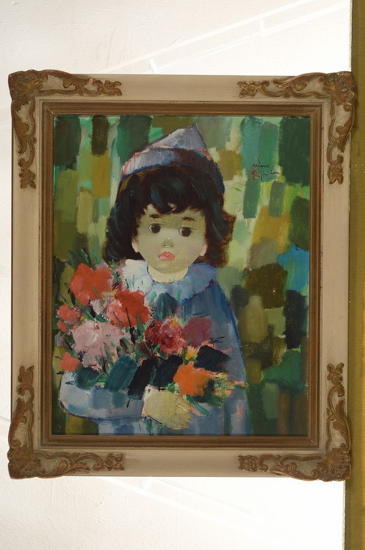 Detail k: Nino Guiffrida, geb. 1924, betroffenes Kind mit Blumenstrauss, leichte Verlorenheit, Anspielung auf Harlekin, breite wuchtige Pinselführung mit ...