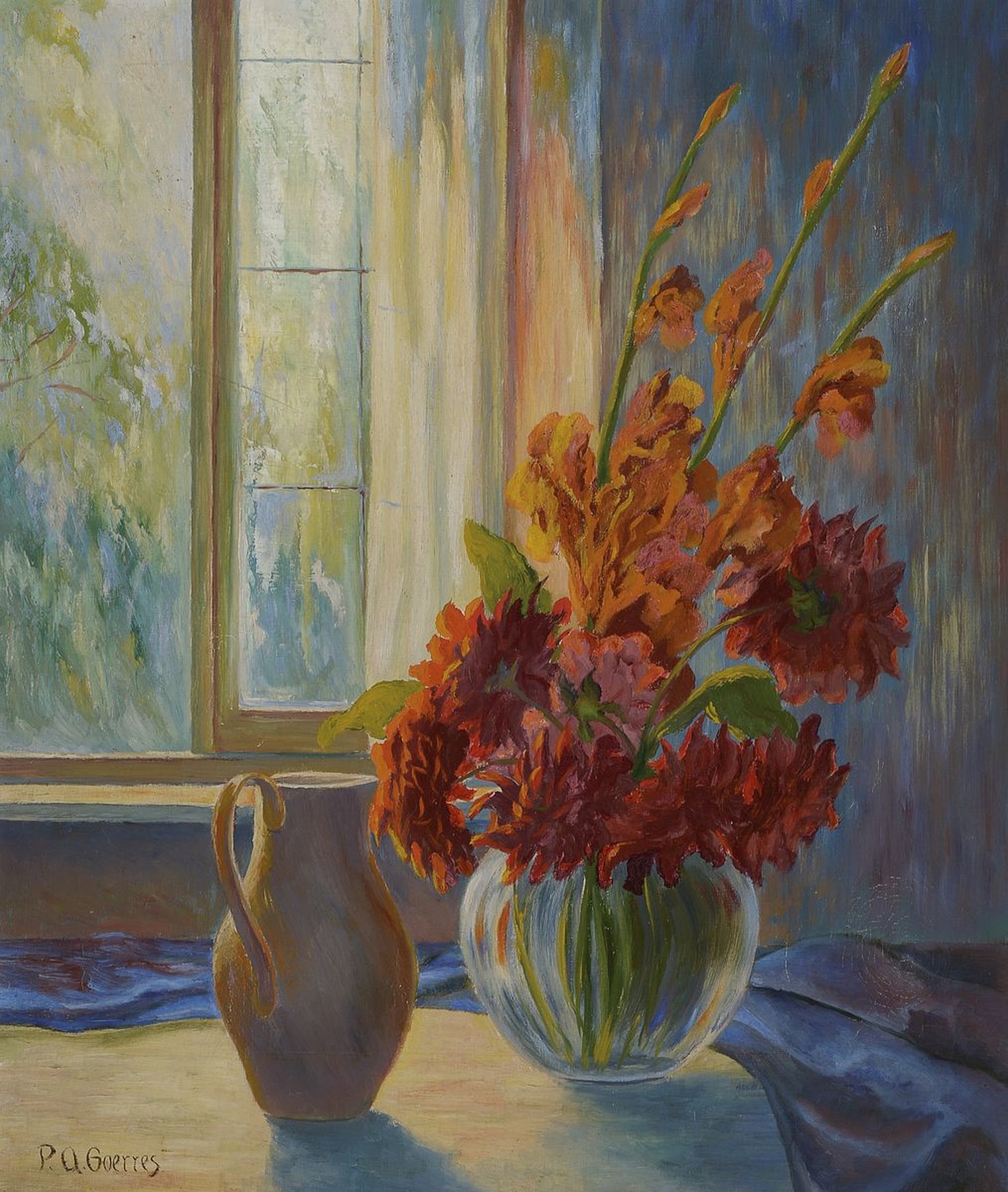 P.A. Goerres, wohl Weimarer Schule, um 1935,Blumenstillleben mit Iris in Vase vor Fenster stehend, z.T. im Gegenlicht, dadurch aufleuchtend der roten ...